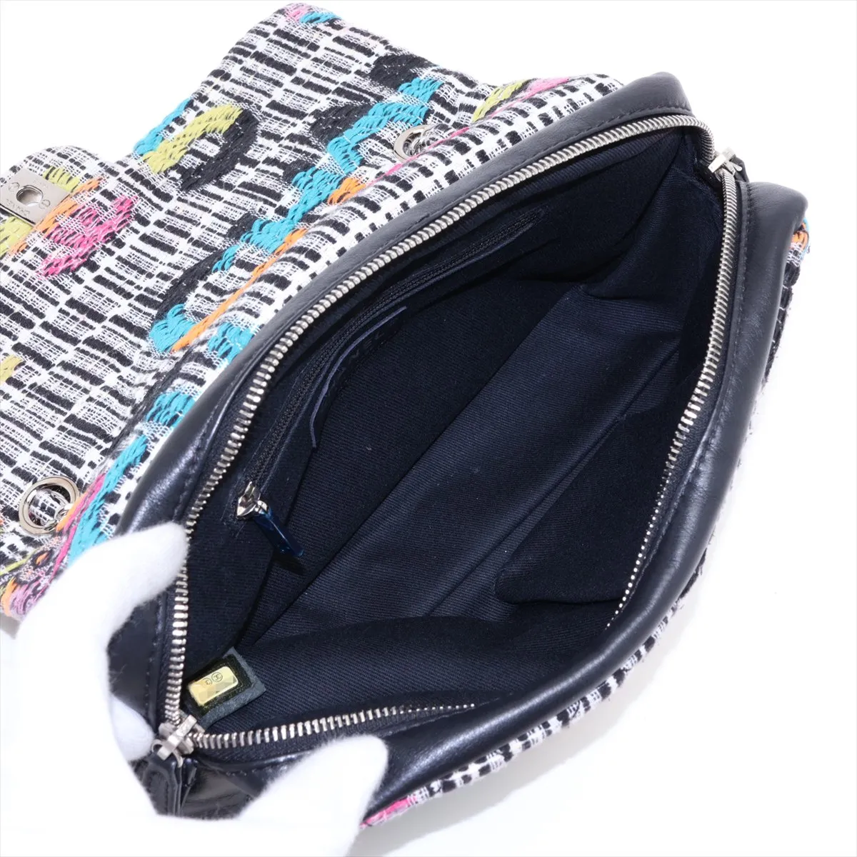 Matelassé Cotton x Leather Single Flap Double Chain Bag, Multicolor, Silver Hardware, 21026604, Serial Number 21 — view 7