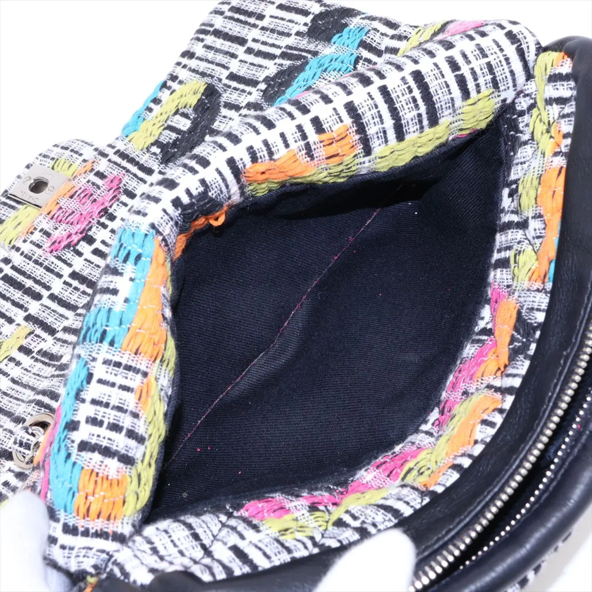 Matelassé Cotton x Leather Single Flap Double Chain Bag, Multicolor, Silver Hardware, 21026604, Serial Number 21 — view 8