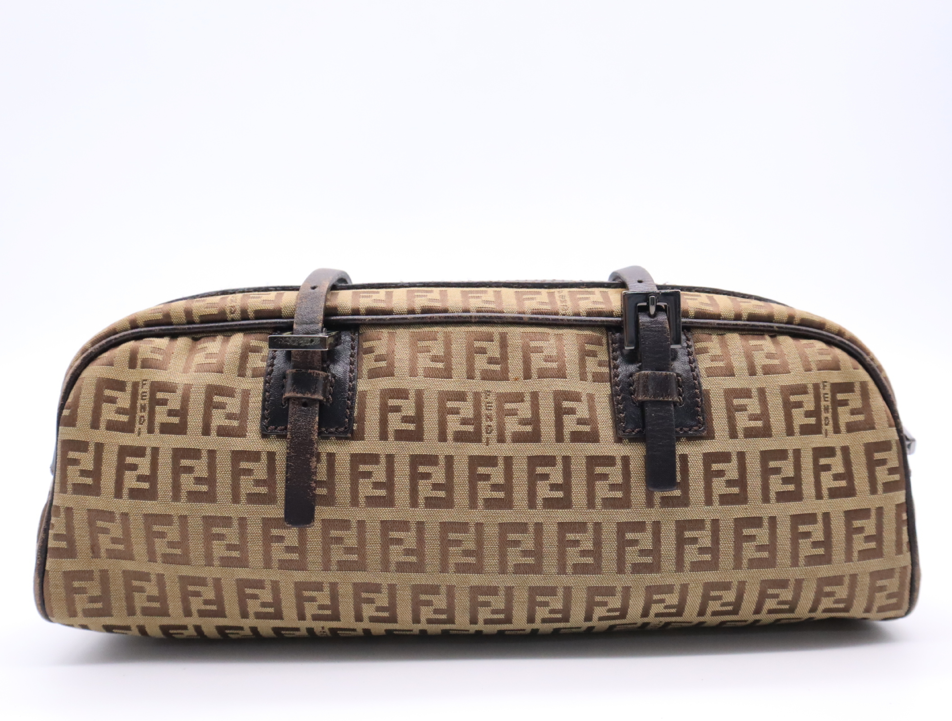 Canvas x Leather Zucchino Pattern Brown Silver Hardware Handbag — view 2