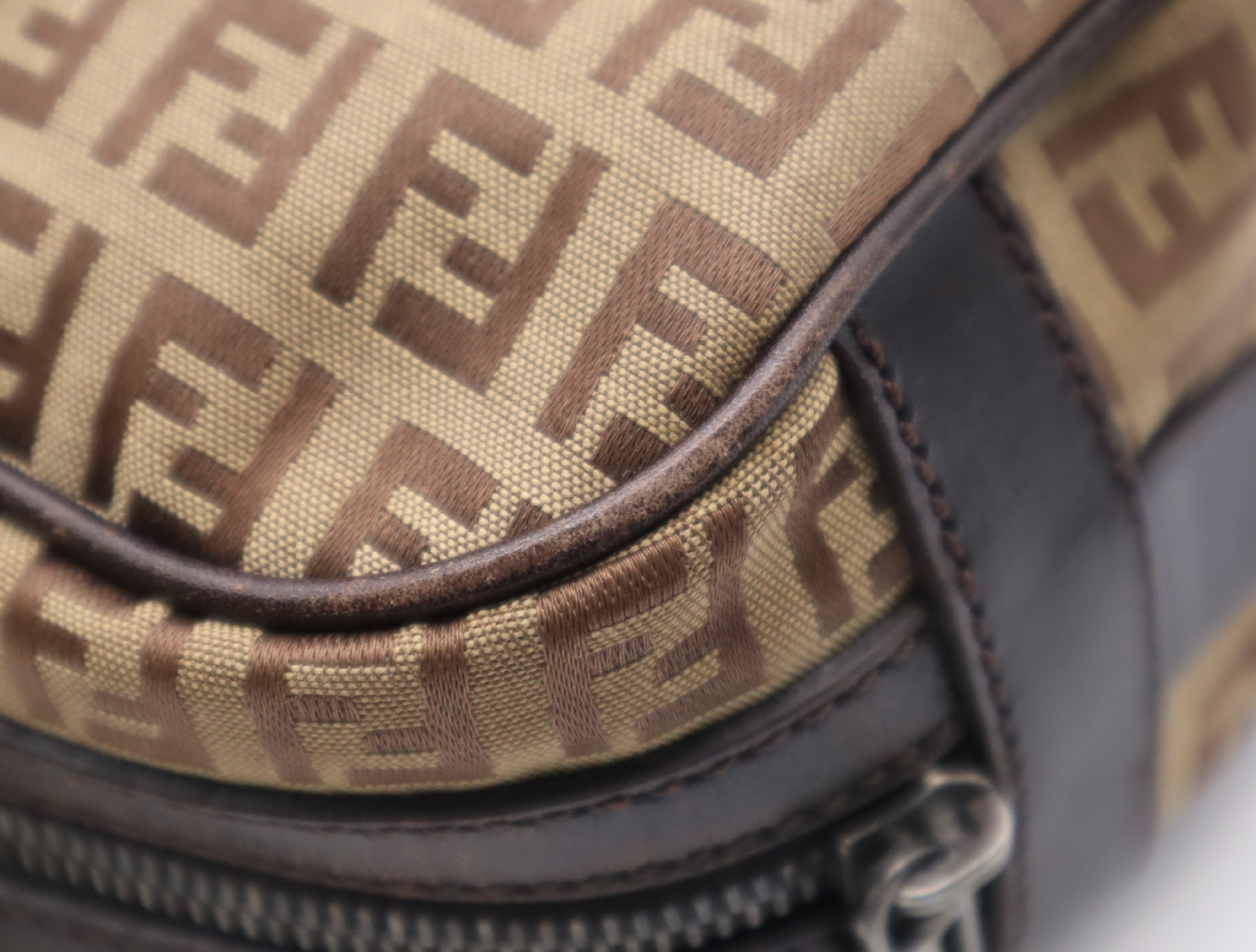 Canvas x Leather Zucchino Pattern Brown Silver Hardware Handbag — view 11