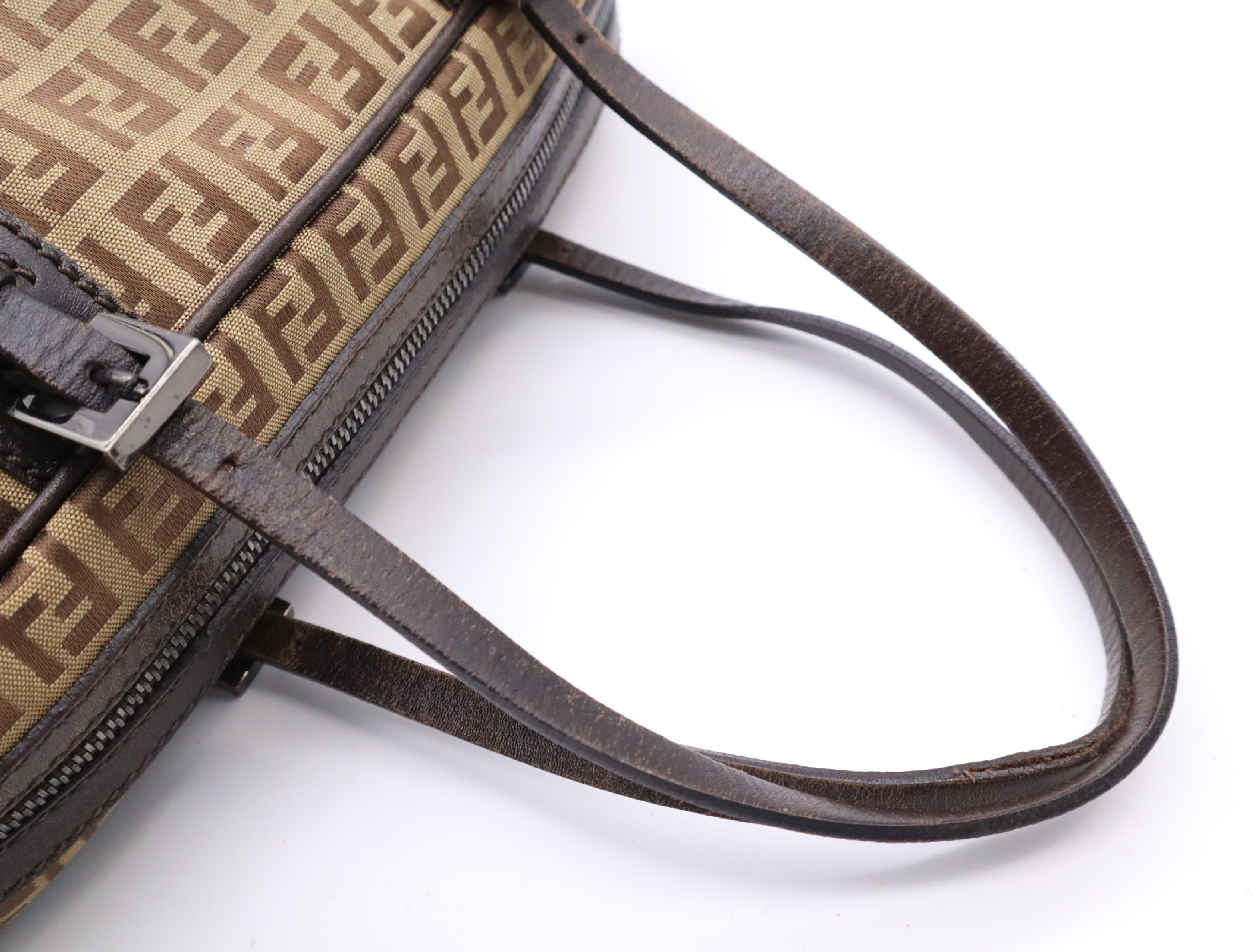 Canvas x Leather Zucchino Pattern Brown Silver Hardware Handbag — view 12