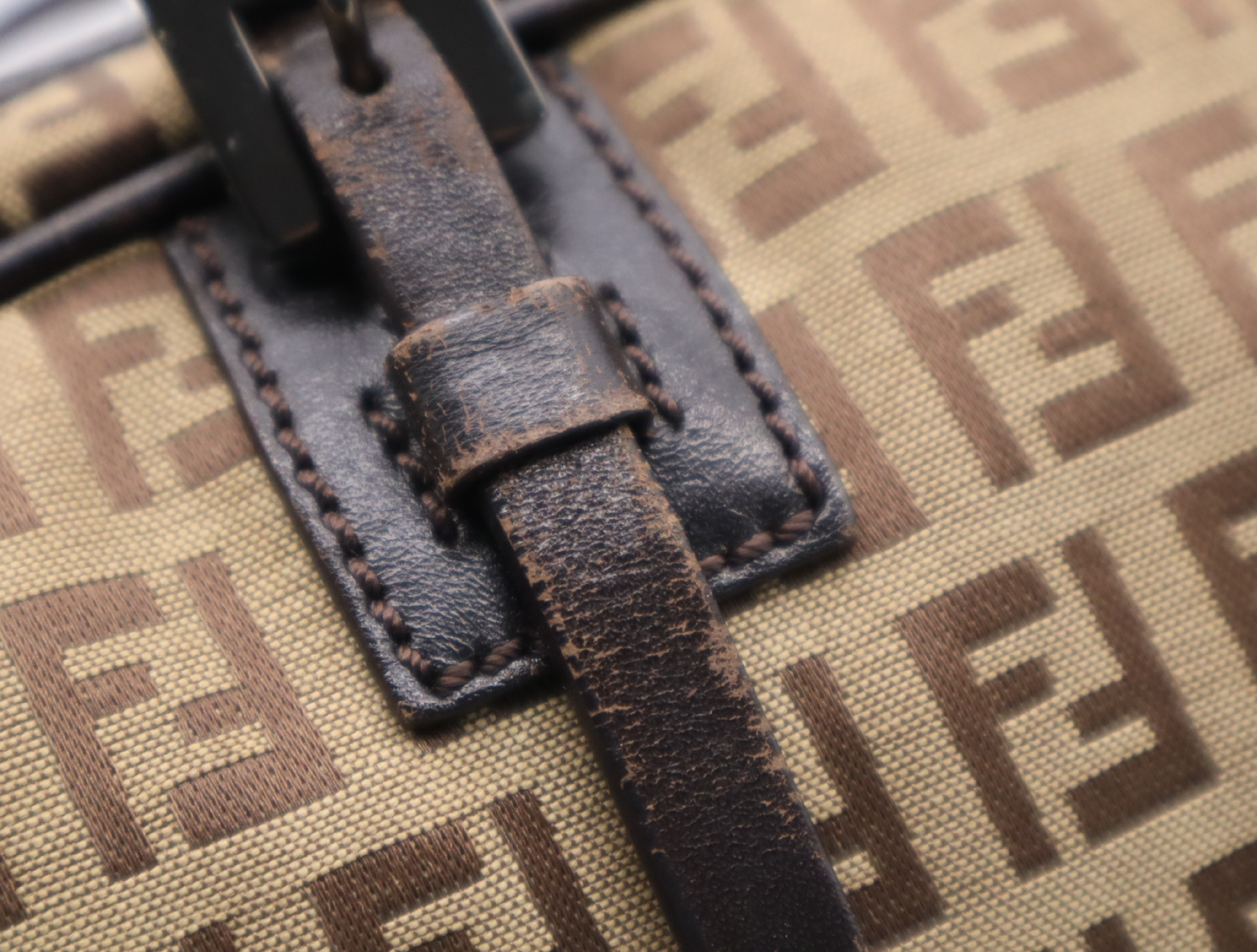 Canvas x Leather Zucchino Pattern Brown Silver Hardware Handbag — view 14