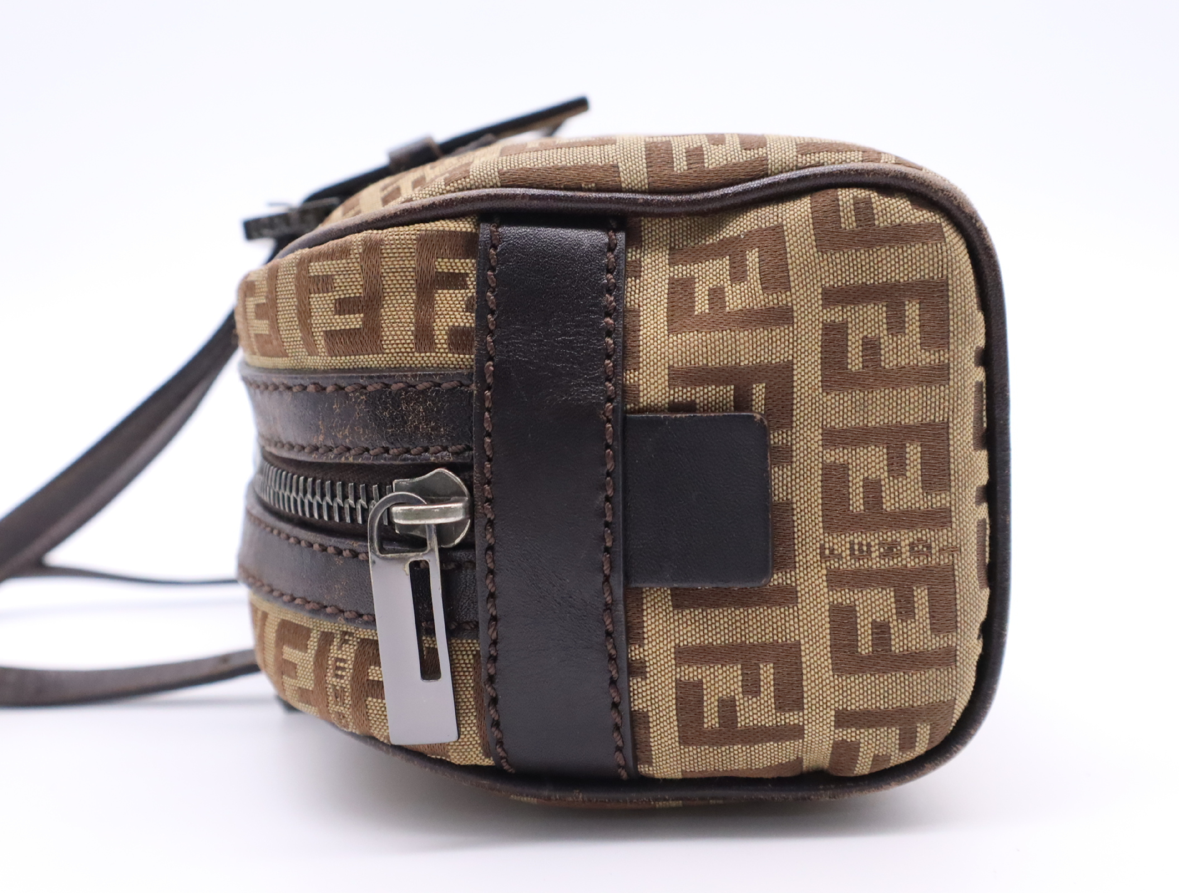 Canvas x Leather Zucchino Pattern Brown Silver Hardware Handbag — view 3