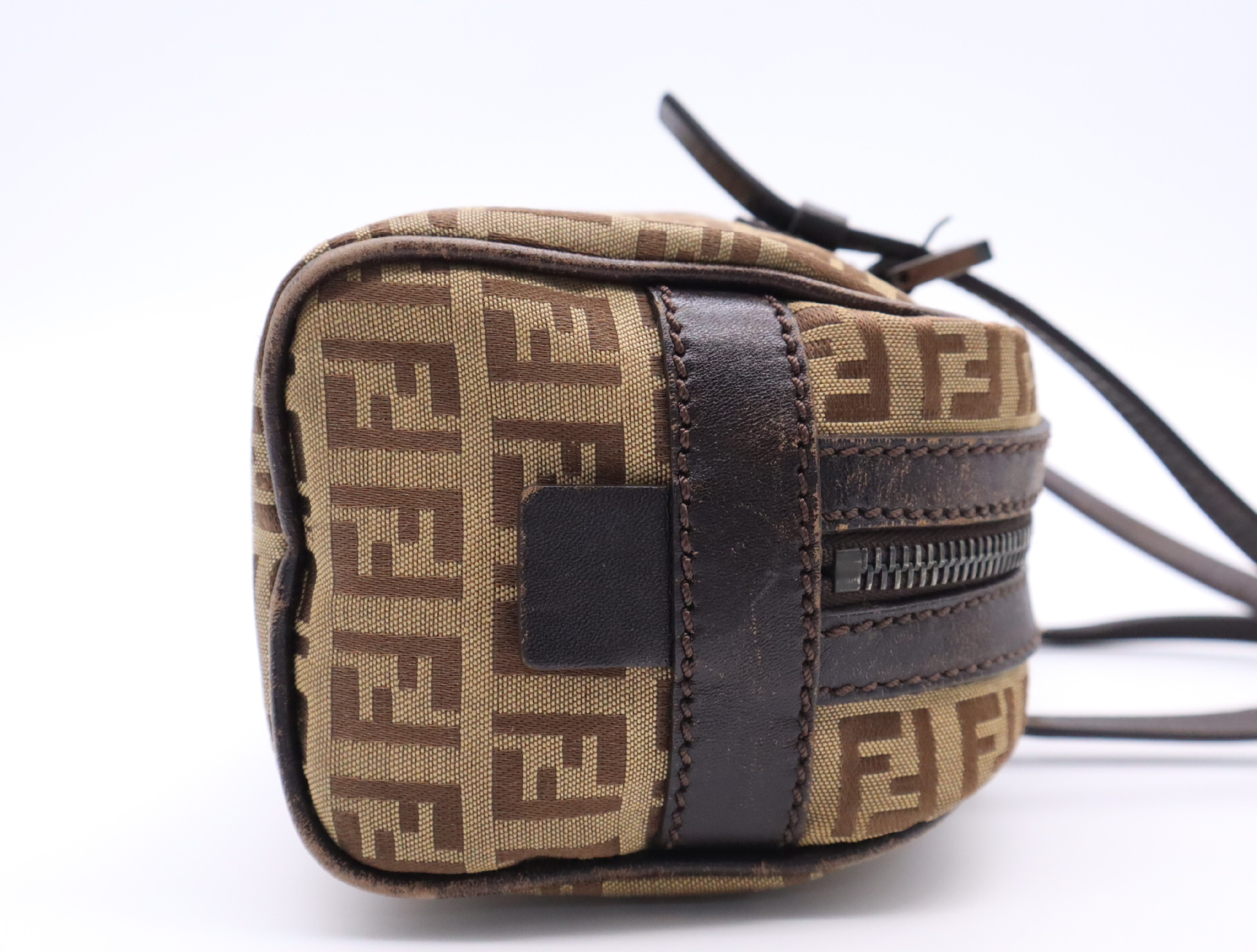 Canvas x Leather Zucchino Pattern Brown Silver Hardware Handbag — view 5