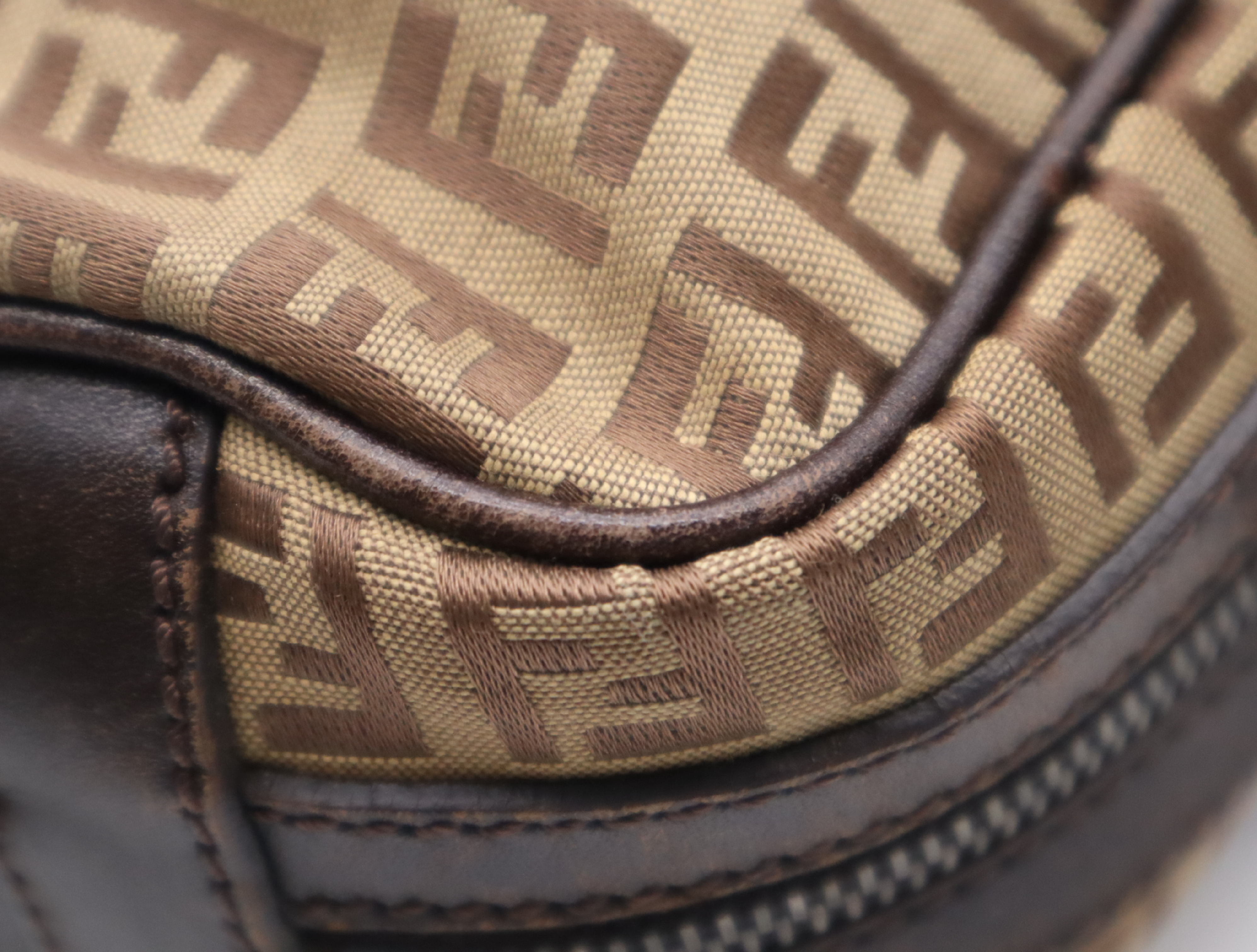 Canvas x Leather Zucchino Pattern Brown Silver Hardware Handbag — view 8