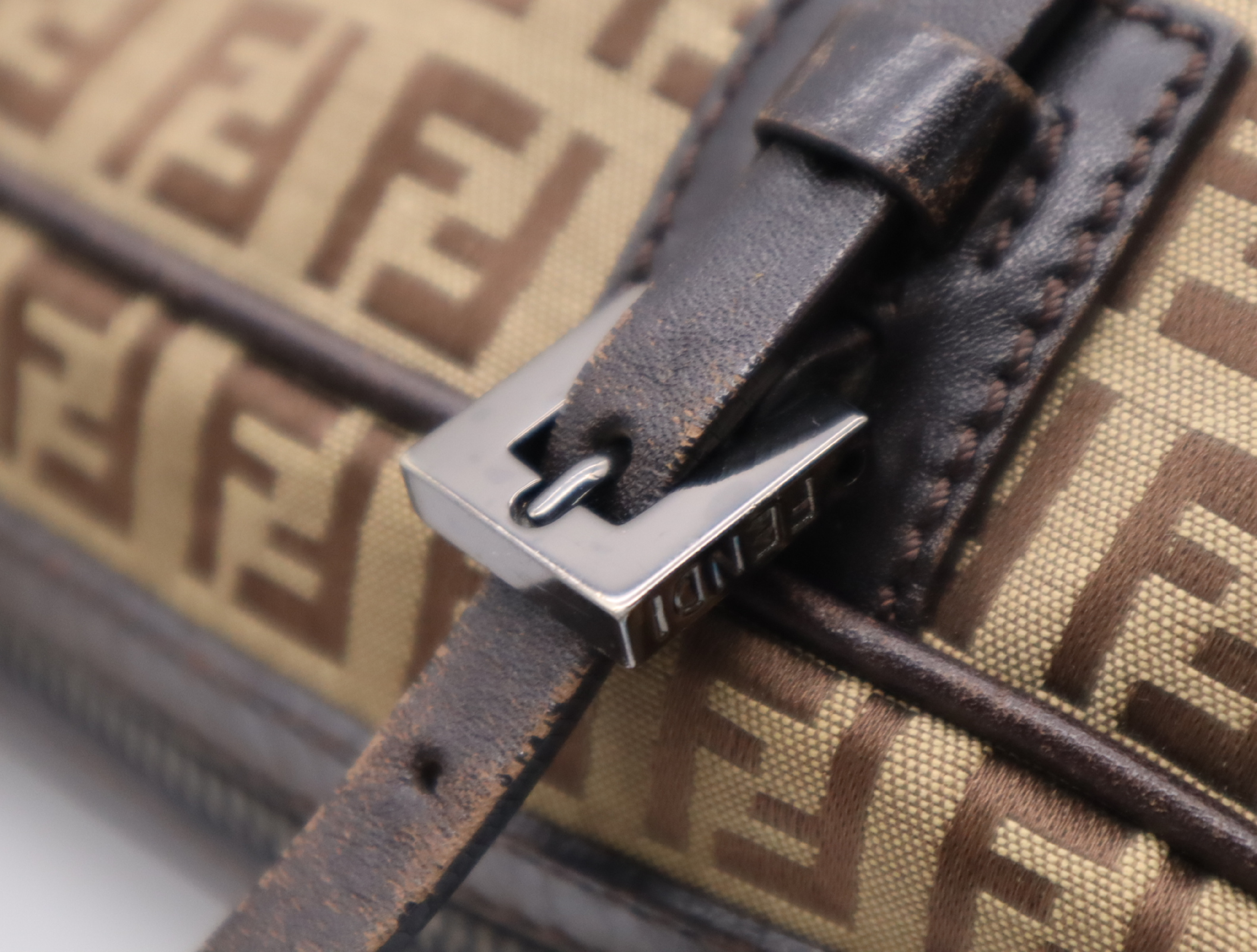 Canvas x Leather Zucchino Pattern Brown Silver Hardware Handbag — view 10