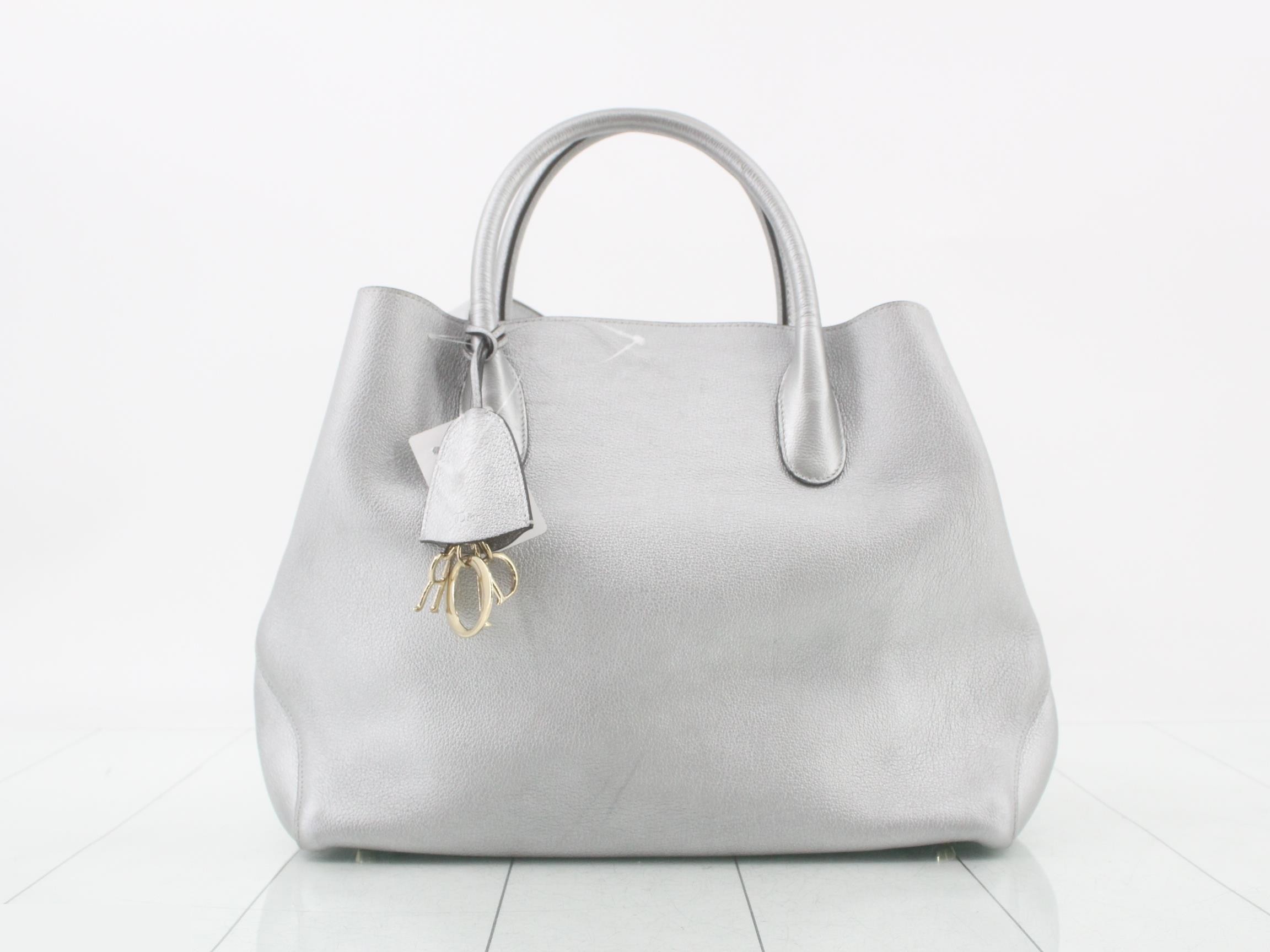 Open Bar Leather 2-Way Shoulder/Tote Bag, Silver Color