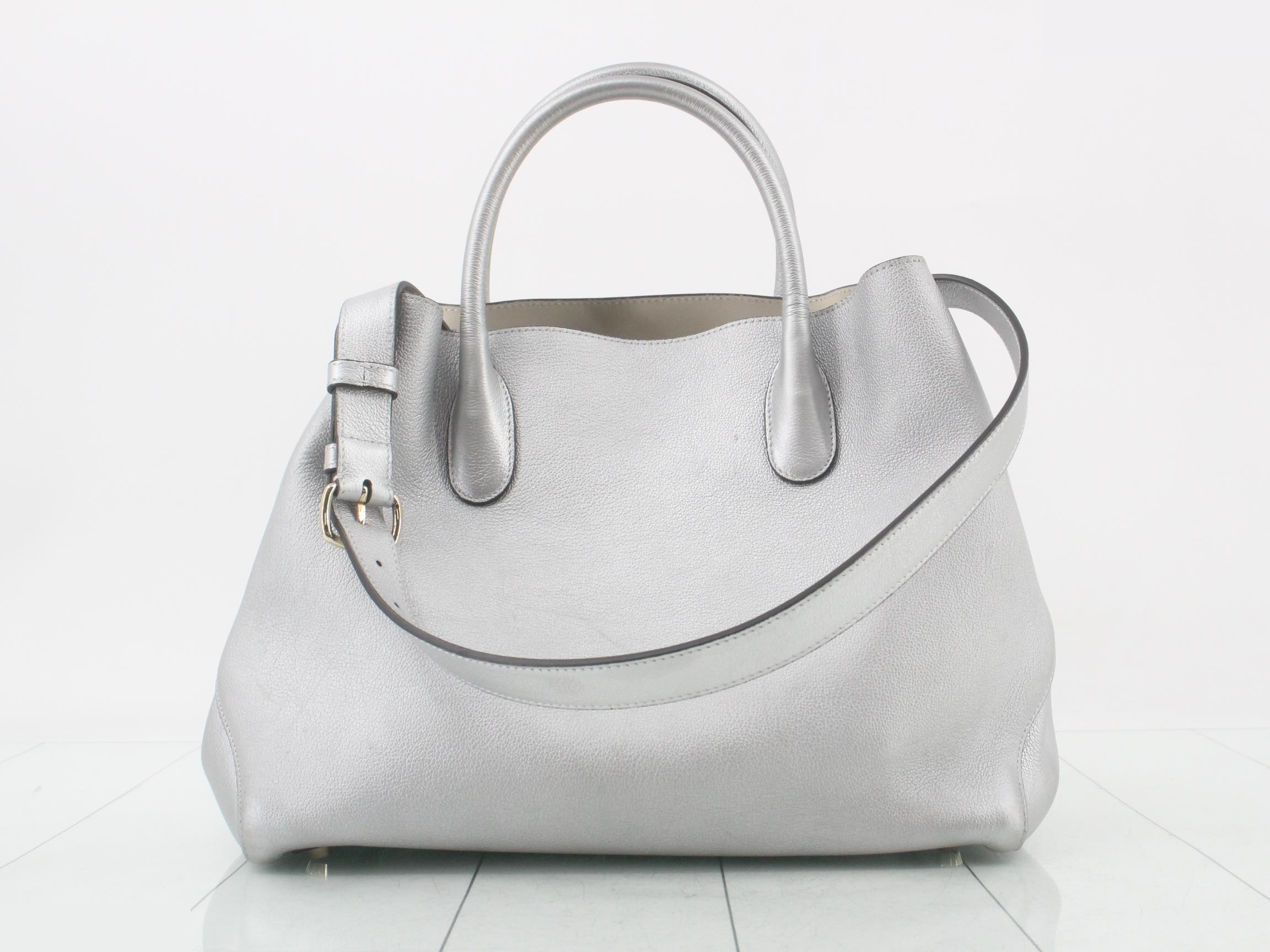 Open Bar Leather 2-Way Shoulder/Tote Bag, Silver Color — view 2