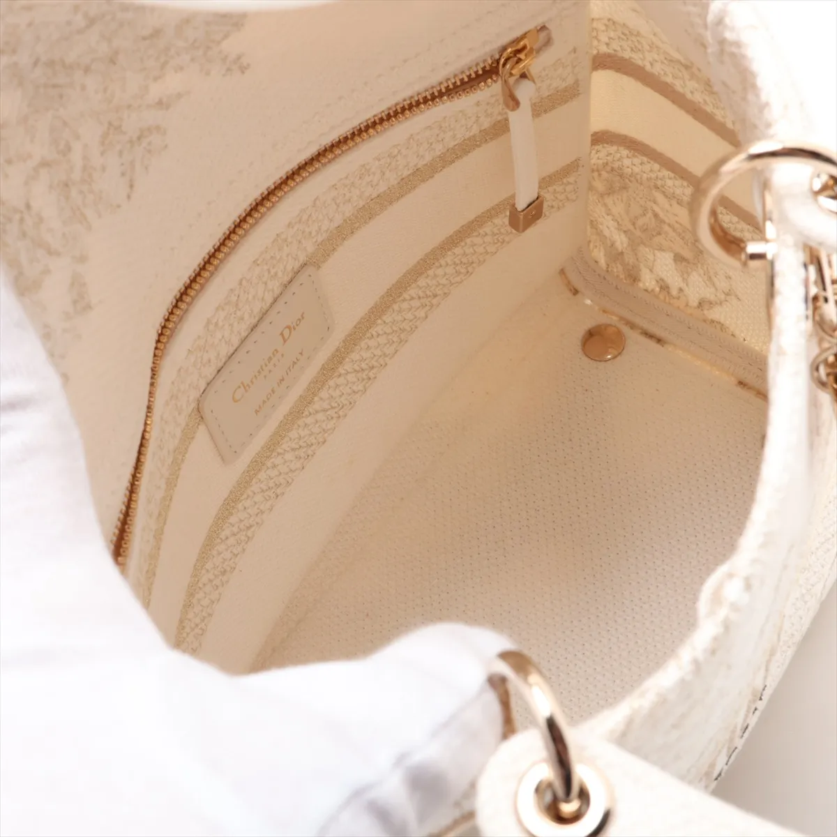 Lady D-Lite Medium Canvas 2-Way Handbag, White x Gold — view 8