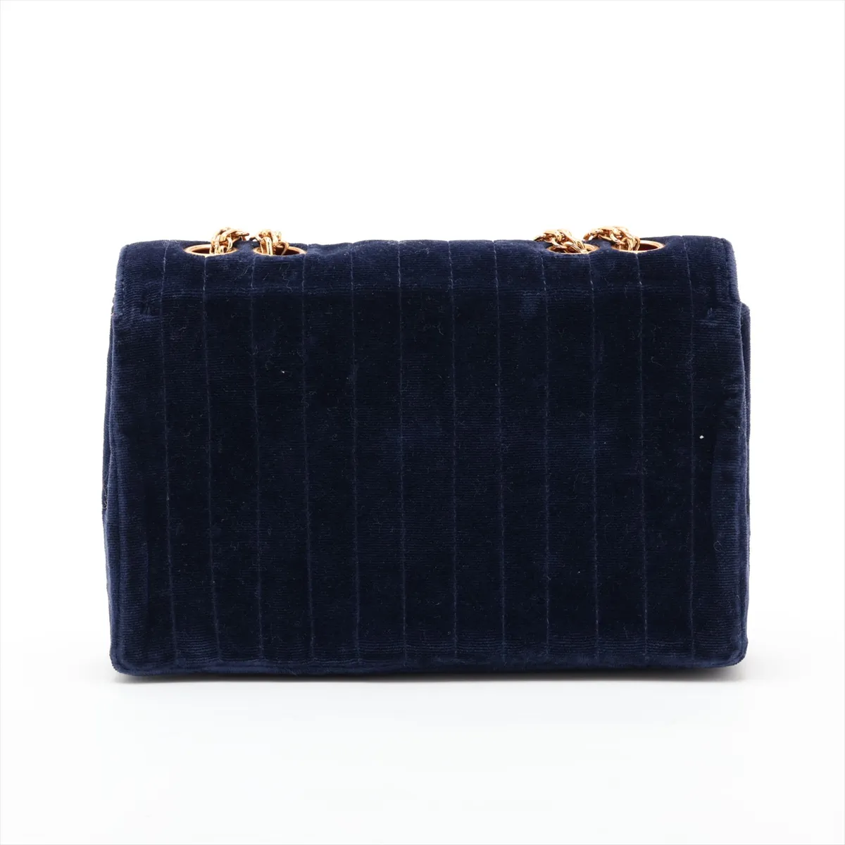 Mademoiselle Velour Single Flap Double Chain Bag, Navy with Gold Hardware — view 2