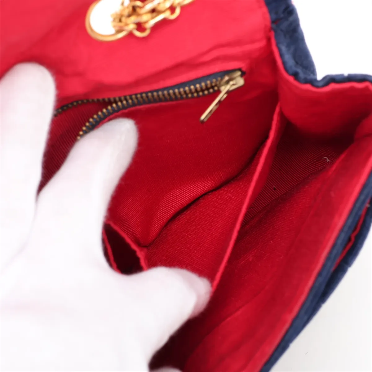 Mademoiselle Velour Single Flap Double Chain Bag, Navy with Gold Hardware — view 11