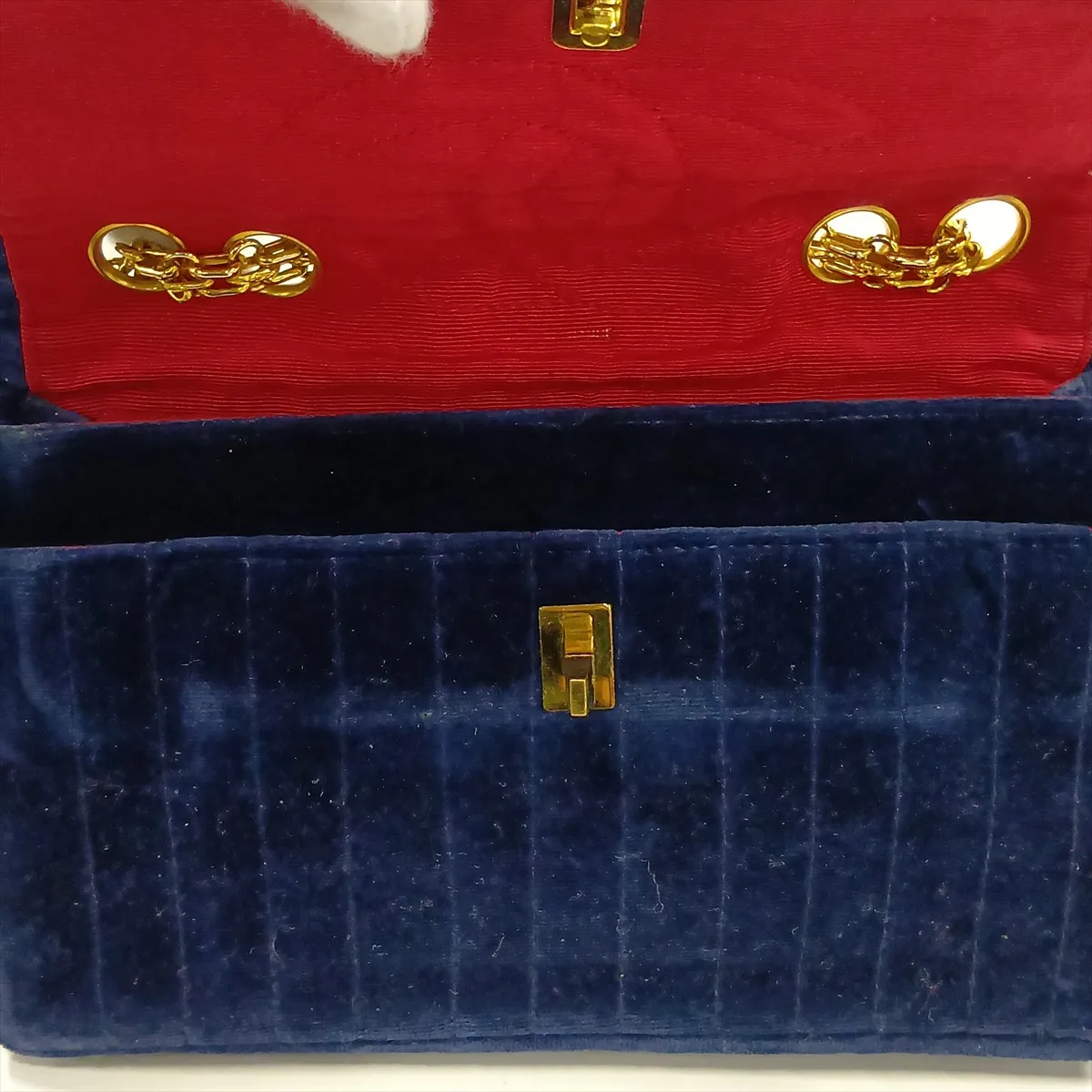 Mademoiselle Velour Single Flap Double Chain Bag, Navy with Gold Hardware — view 13