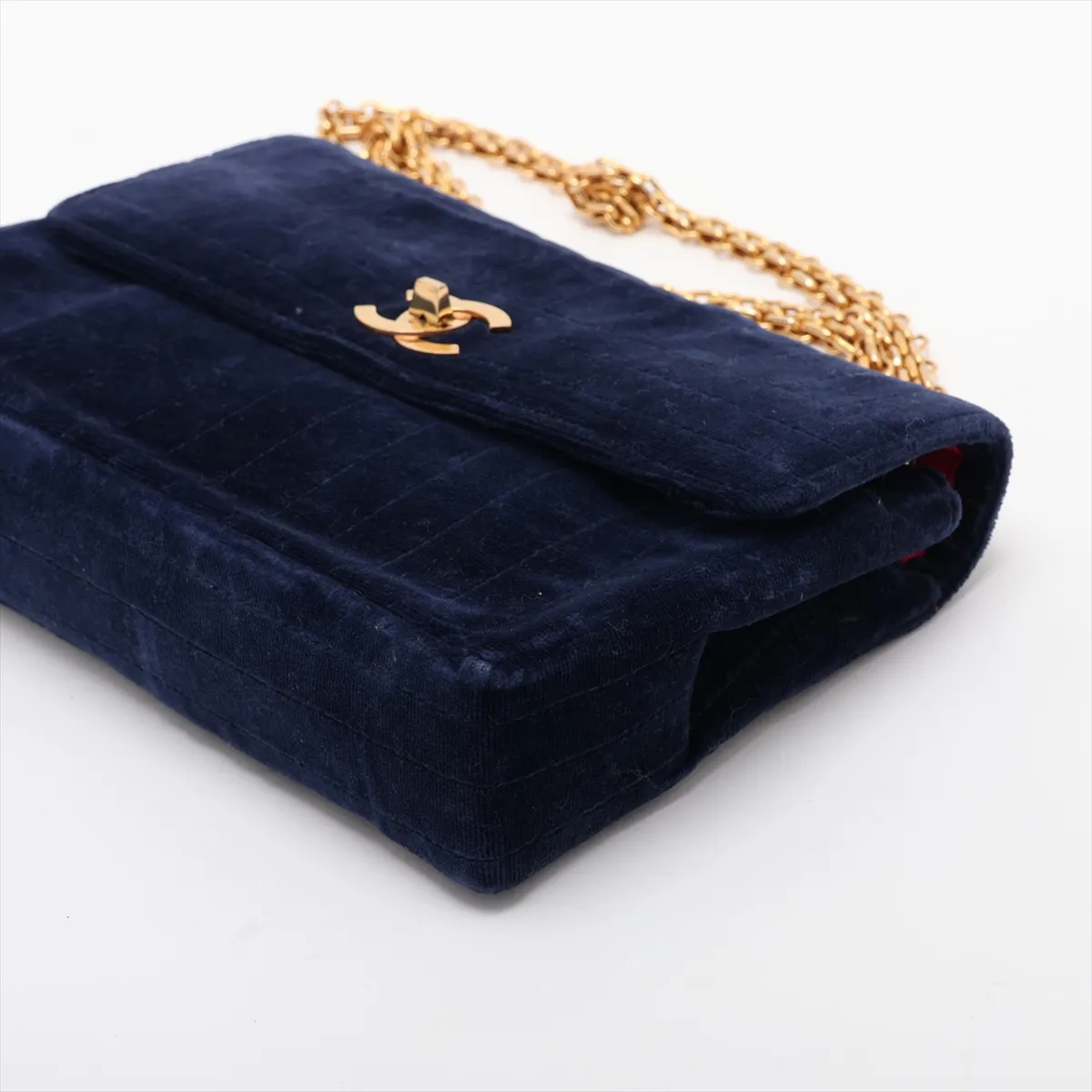 Mademoiselle Velour Single Flap Double Chain Bag, Navy with Gold Hardware — view 3