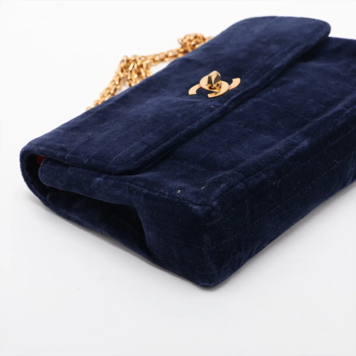 Mademoiselle Velour Single Flap Double Chain Bag, Navy with Gold Hardware — view 4