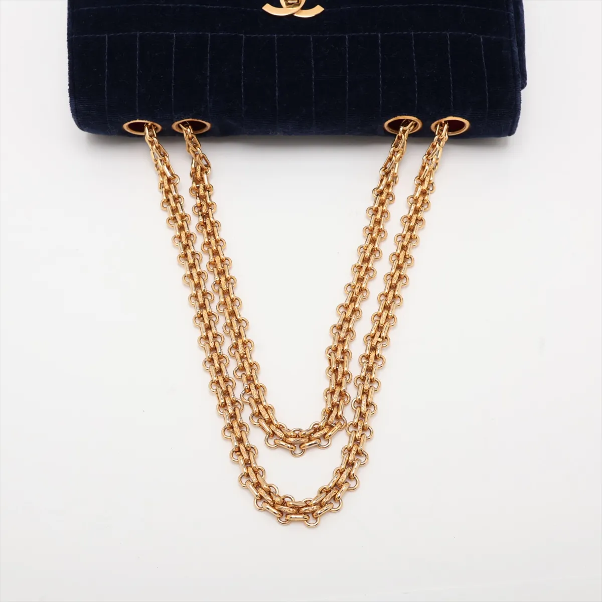 Mademoiselle Velour Single Flap Double Chain Bag, Navy with Gold Hardware — view 5