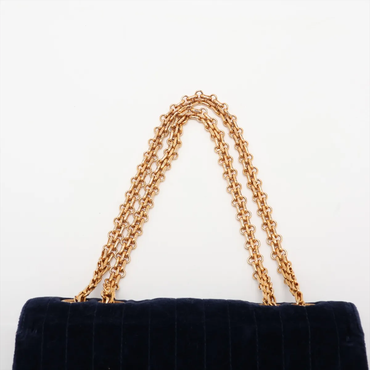 Mademoiselle Velour Single Flap Double Chain Bag, Navy with Gold Hardware — view 6