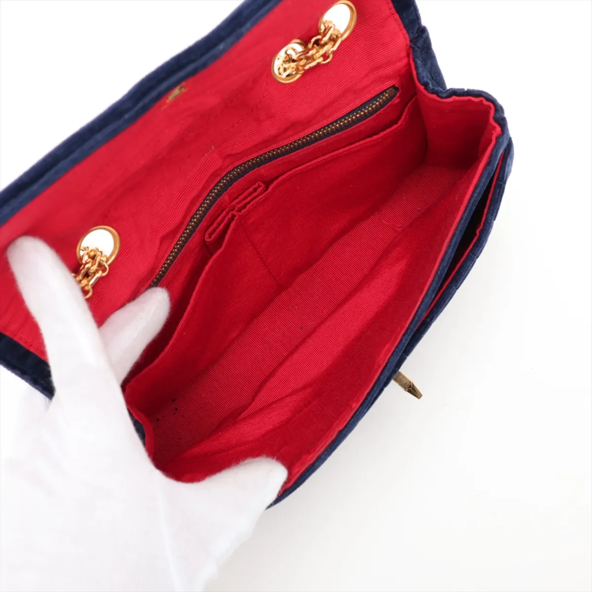 Mademoiselle Velour Single Flap Double Chain Bag, Navy with Gold Hardware — view 7
