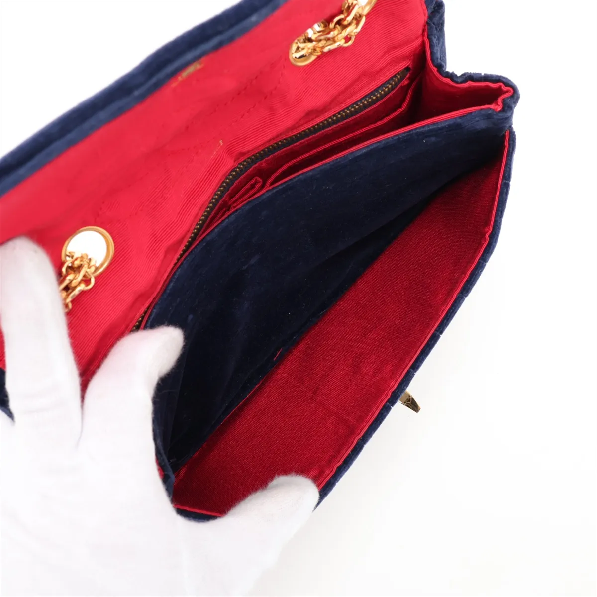 Mademoiselle Velour Single Flap Double Chain Bag, Navy with Gold Hardware — view 8