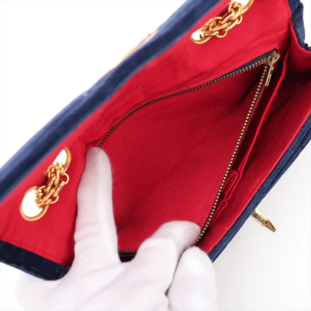 Mademoiselle Velour Single Flap Double Chain Bag, Navy with Gold Hardware — view 9