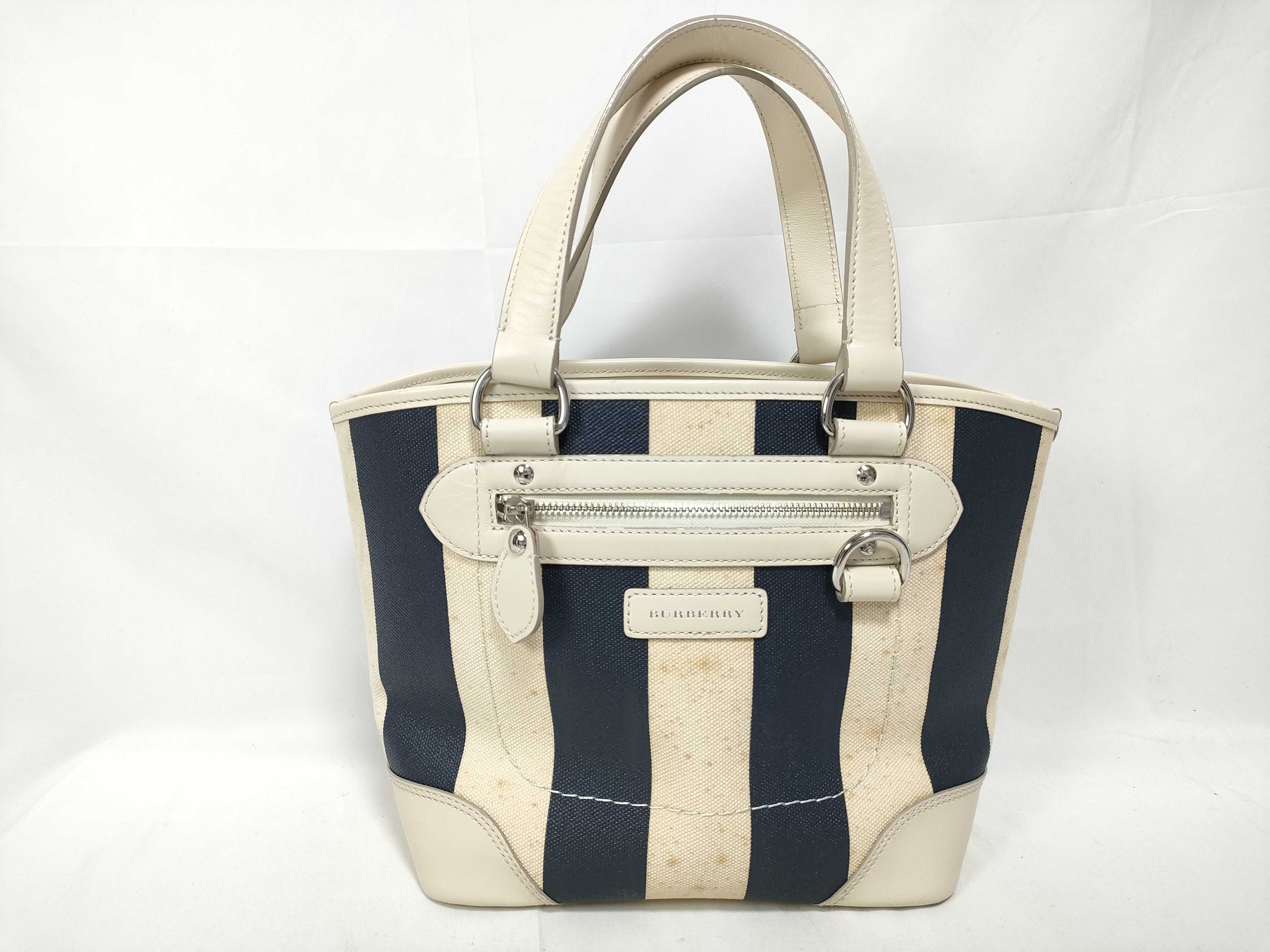 Striped Canvas Handbag, Navy x Ivory