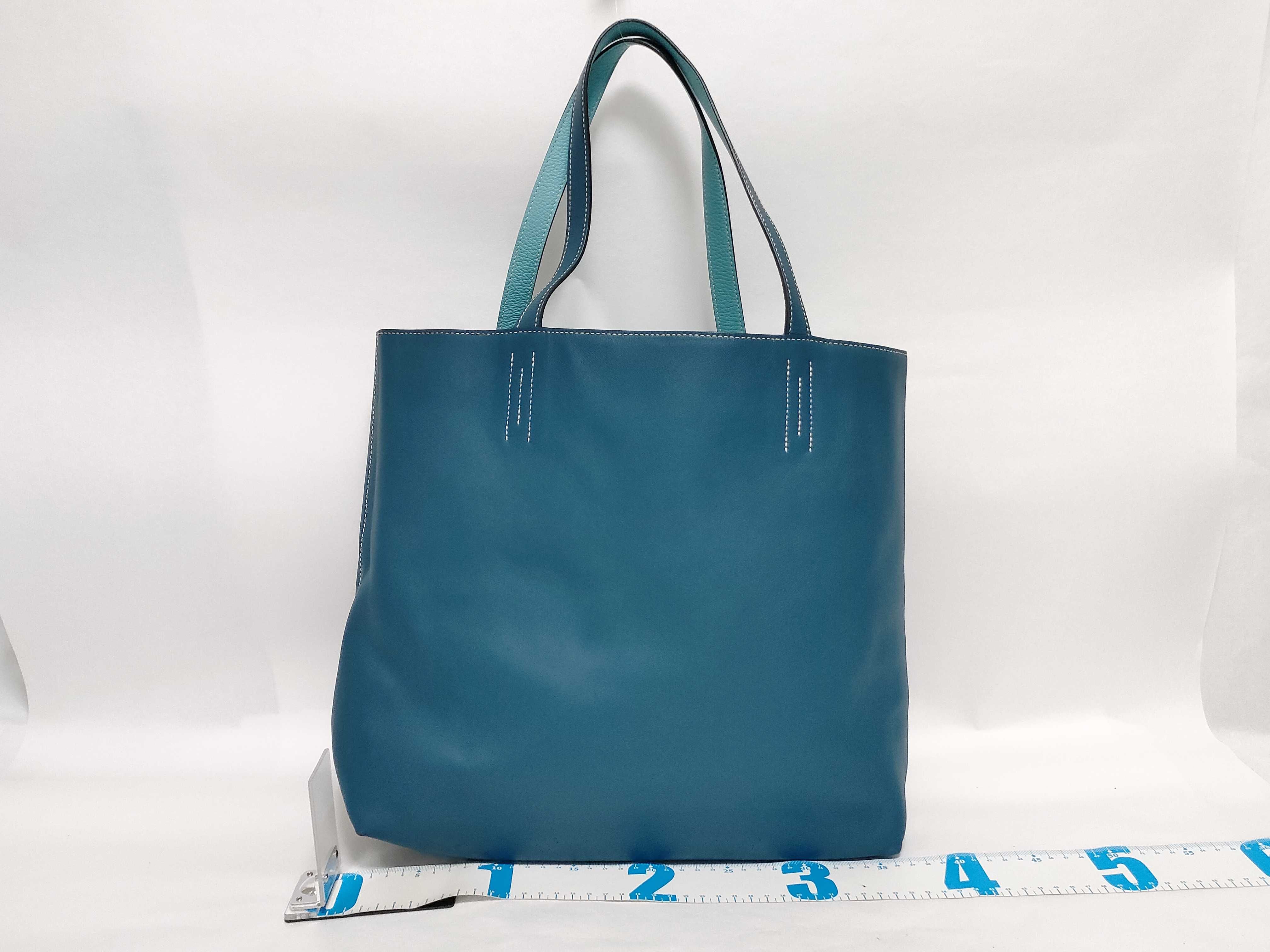 Double Sens 36 Tote Bag in Veau Swift and Taurillon Clemence Leather, Colvert Blue Atoll, Y-stamp. — view 2