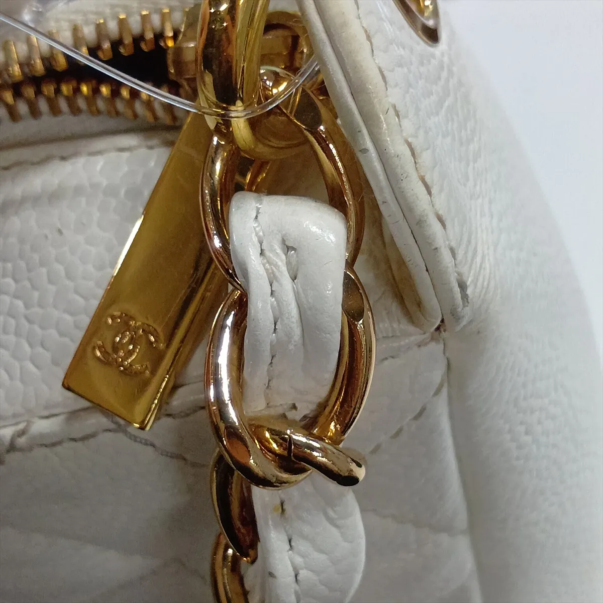 Matelassé Caviar Skin Chain Shoulder Bag, White with Gold Hardware, Item No. 7437269 (Serial Number 7) — view 11