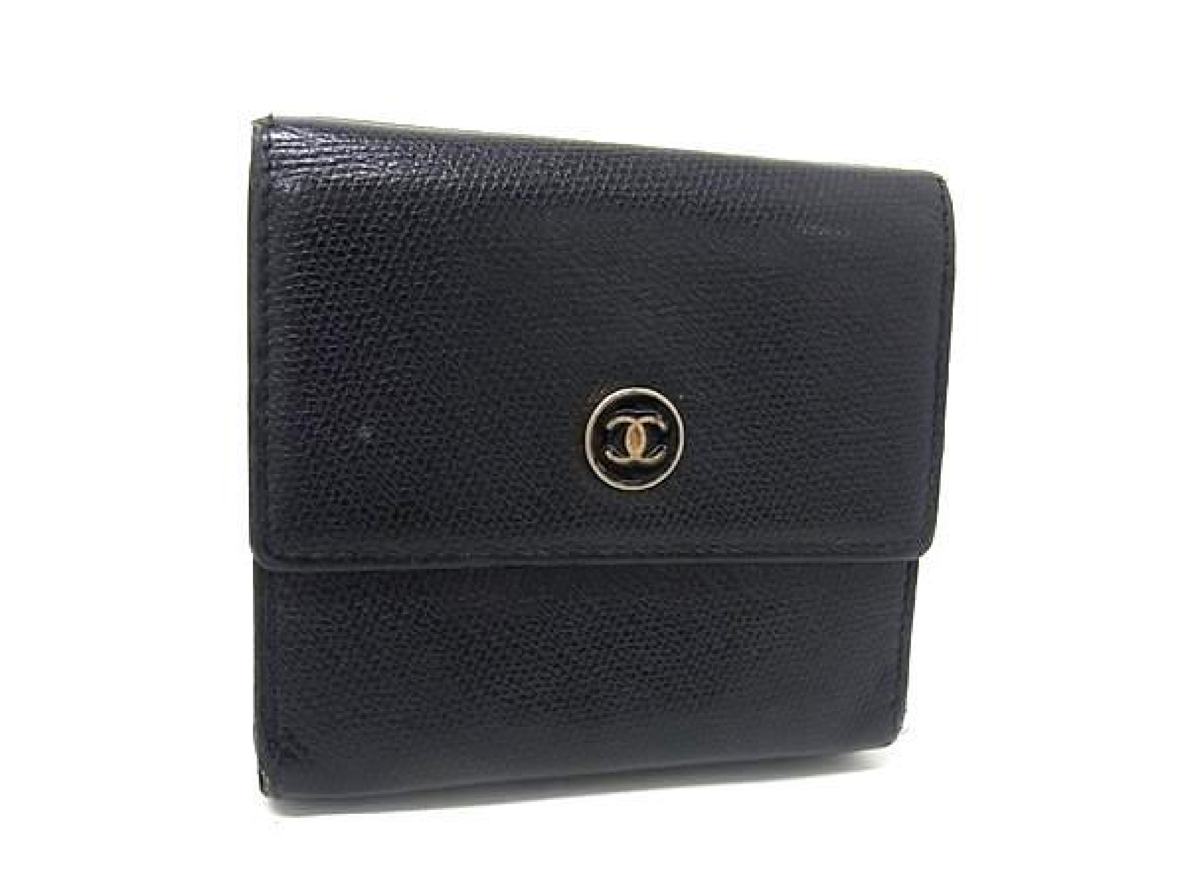 Coco Mark Coco Button Leather Tri-fold Wallet, Billfold, Coin Purse, Card Slots, Women's, Black, HB3782