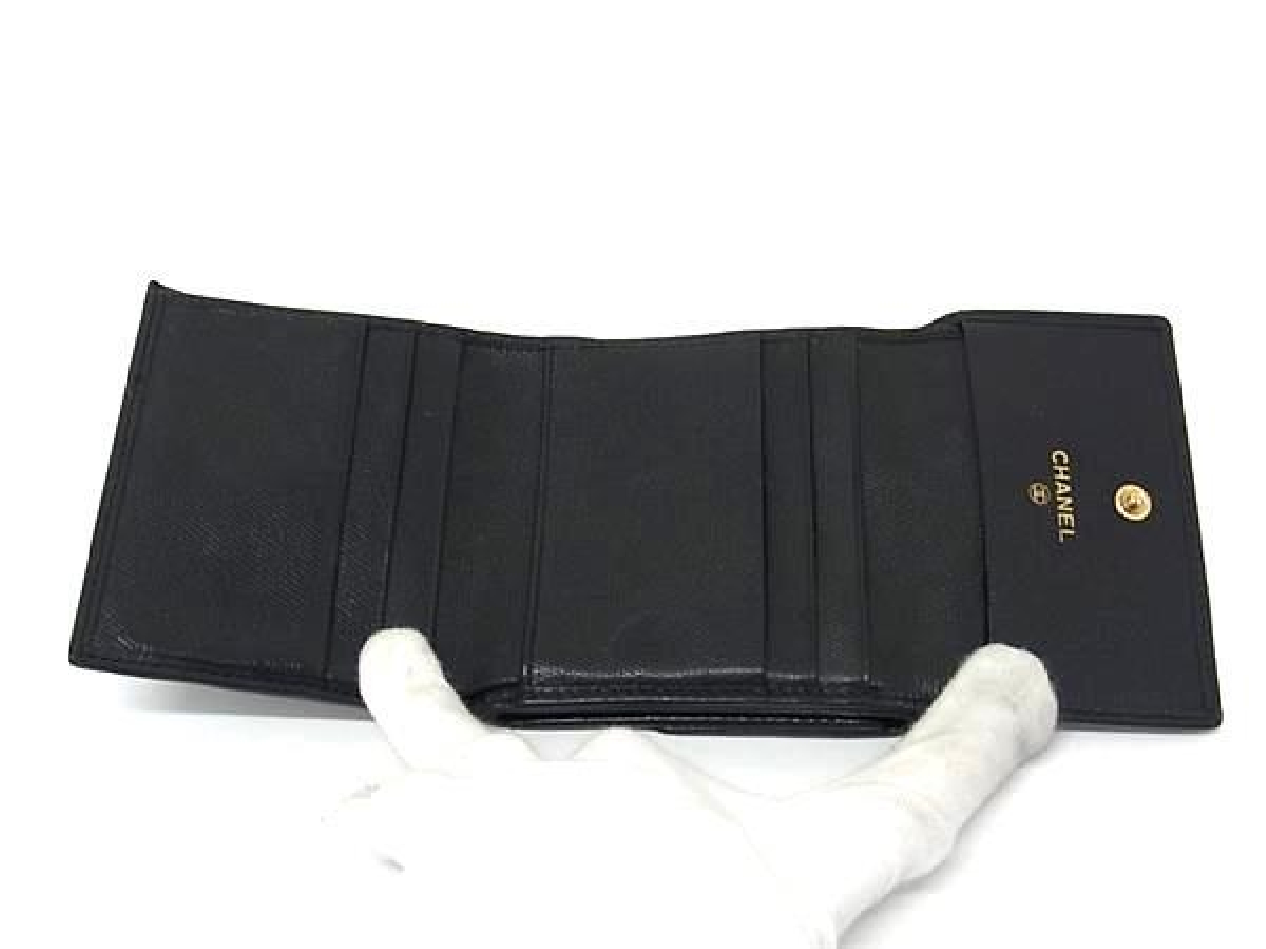 Coco Mark Coco Button Leather Tri-fold Wallet, Billfold, Coin Purse, Card Slots, Women's, Black, HB3782 — view 4