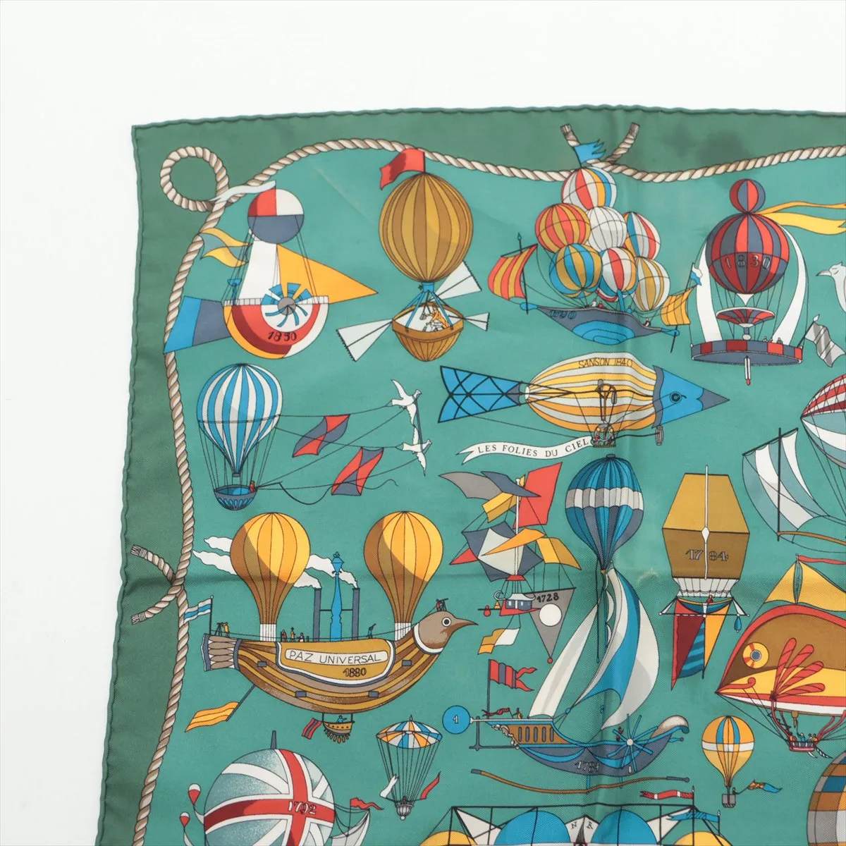 Carre 45 LES FOLIES DU CIEL (Madness of the Sky) Scarf, Silk, Green. Shows signs of wear, including snags, — view 2