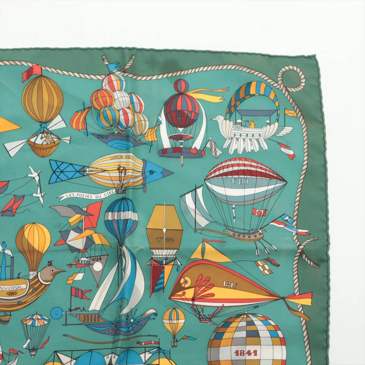 Carre 45 LES FOLIES DU CIEL (Madness of the Sky) Scarf, Silk, Green. Shows signs of wear, including snags, — view 3