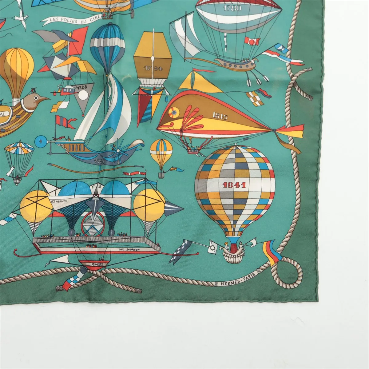 Carre 45 LES FOLIES DU CIEL (Madness of the Sky) Scarf, Silk, Green. Shows signs of wear, including snags, — view 4