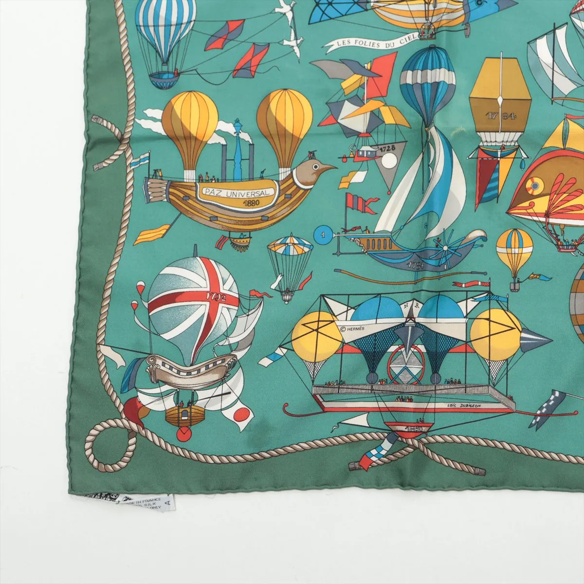 Carre 45 LES FOLIES DU CIEL (Madness of the Sky) Scarf, Silk, Green. Shows signs of wear, including snags, — view 5