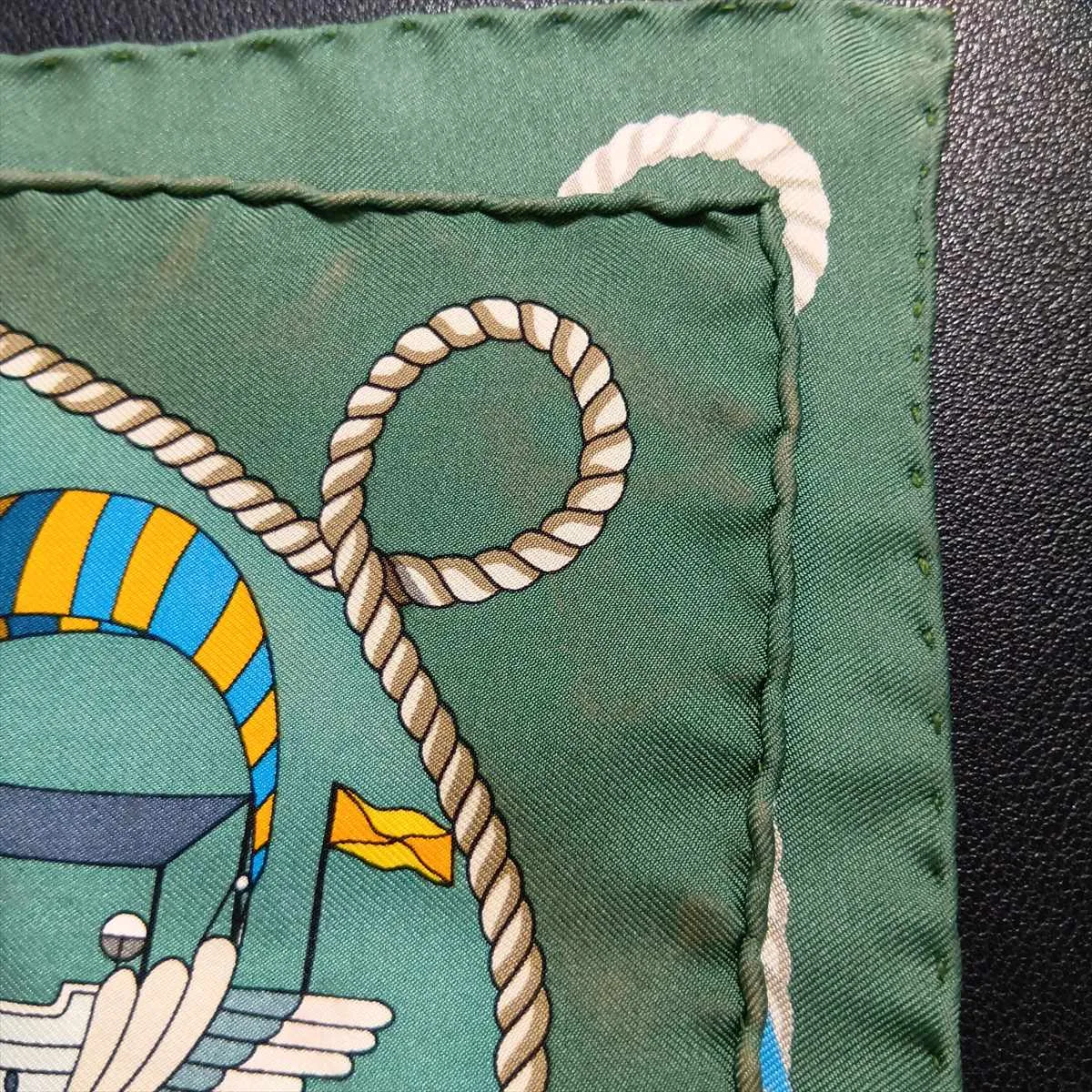 Carre 45 LES FOLIES DU CIEL (Madness of the Sky) Scarf, Silk, Green. Shows signs of wear, including snags, — view 7