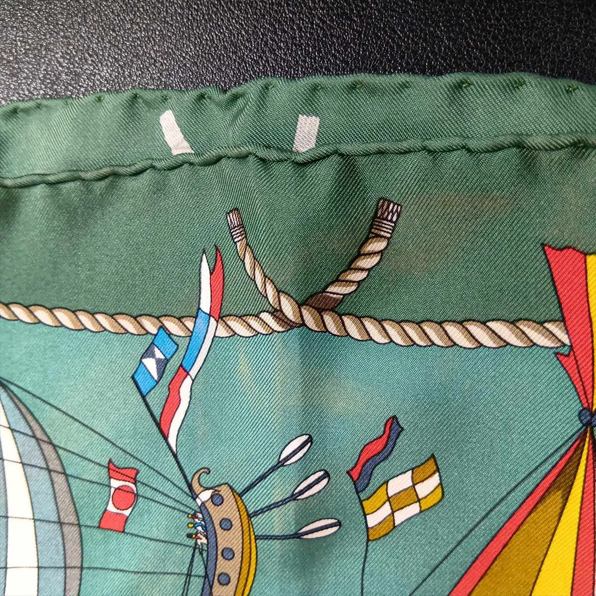 Carre 45 LES FOLIES DU CIEL (Madness of the Sky) Scarf, Silk, Green. Shows signs of wear, including snags, — view 8