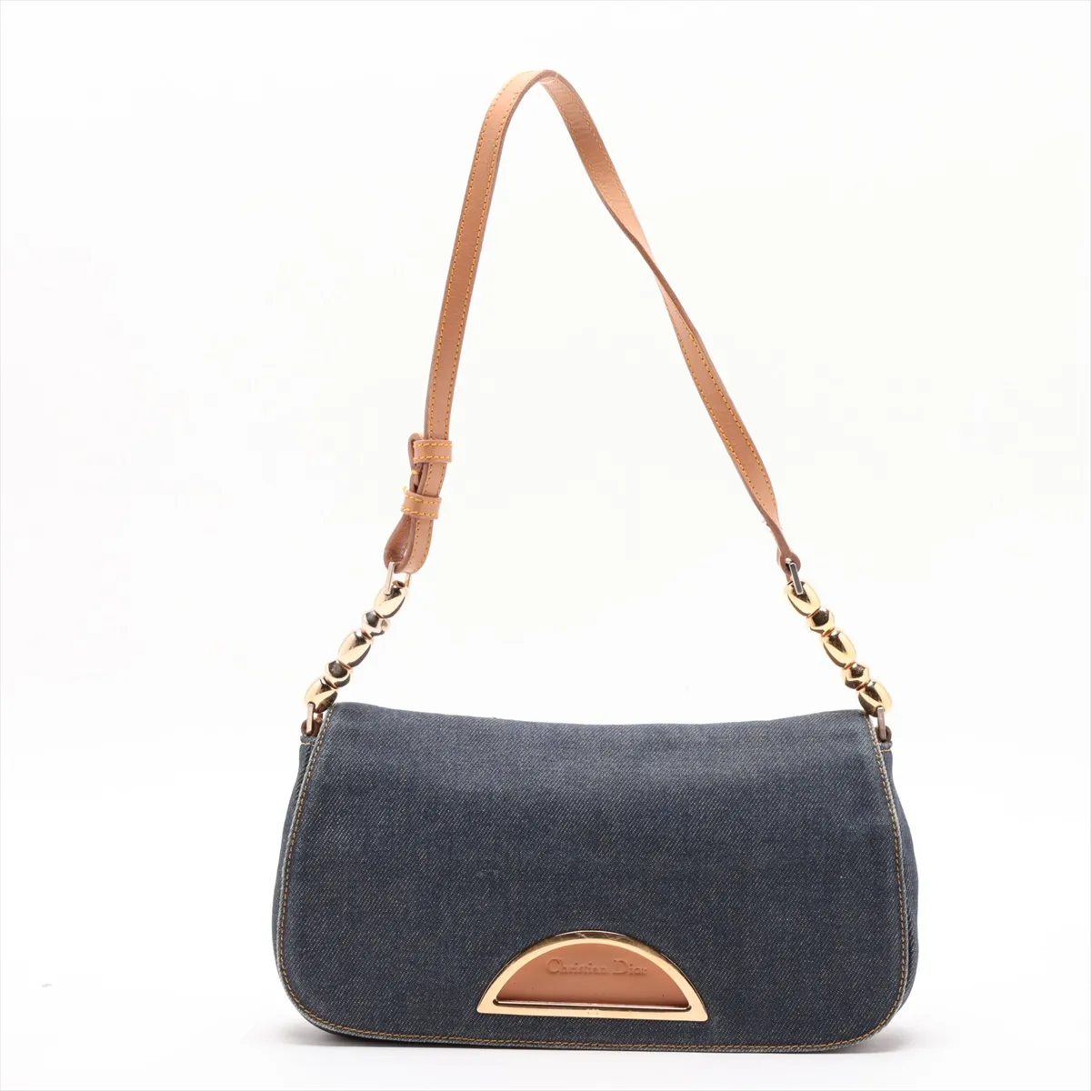 Maris Pearl Denim x Leather Shoulder Bag, Navy x Brown, Outlet