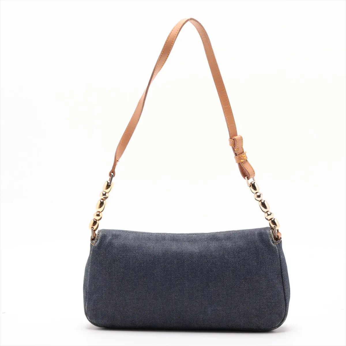 Maris Pearl Denim x Leather Shoulder Bag, Navy x Brown, Outlet — view 2