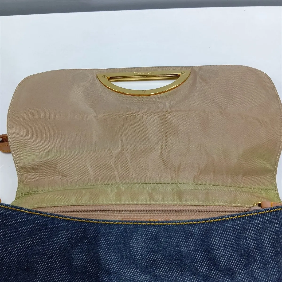 Maris Pearl Denim x Leather Shoulder Bag, Navy x Brown, Outlet — view 15