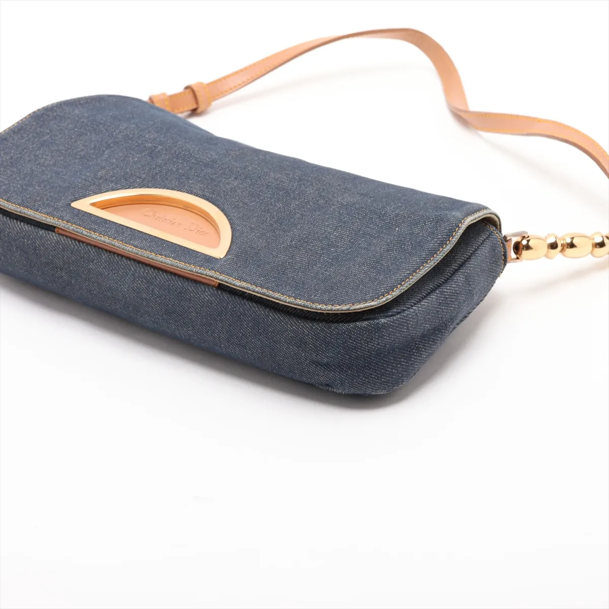 Maris Pearl Denim x Leather Shoulder Bag, Navy x Brown, Outlet — view 3
