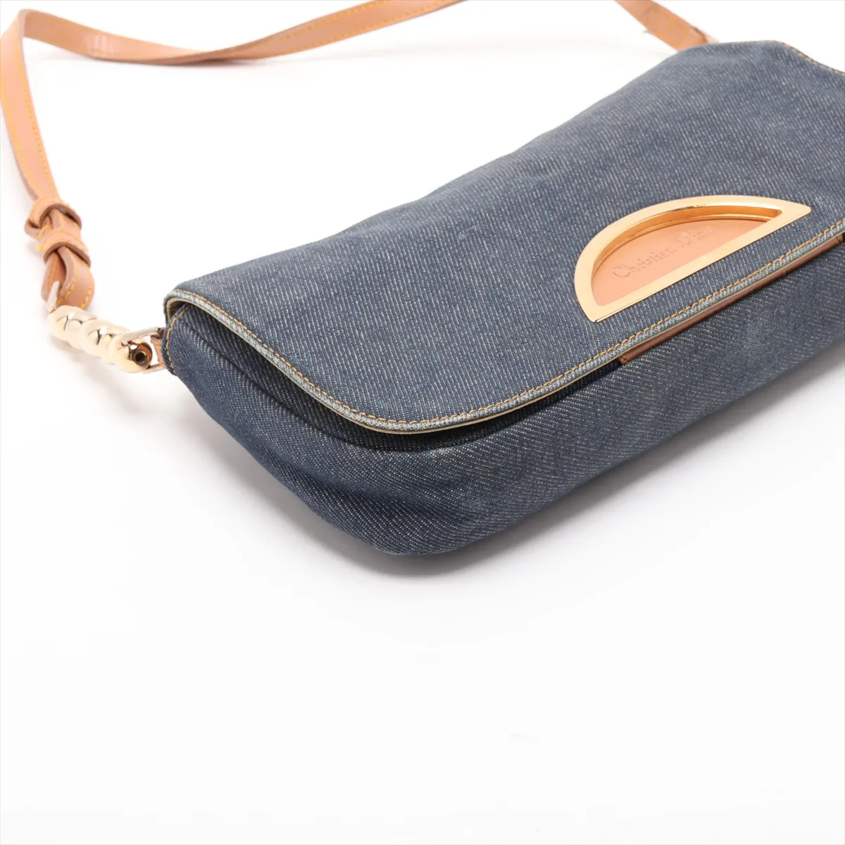 Maris Pearl Denim x Leather Shoulder Bag, Navy x Brown, Outlet — view 4