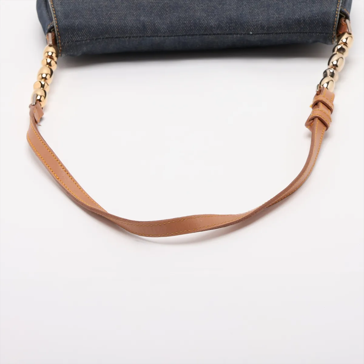 Maris Pearl Denim x Leather Shoulder Bag, Navy x Brown, Outlet — view 5