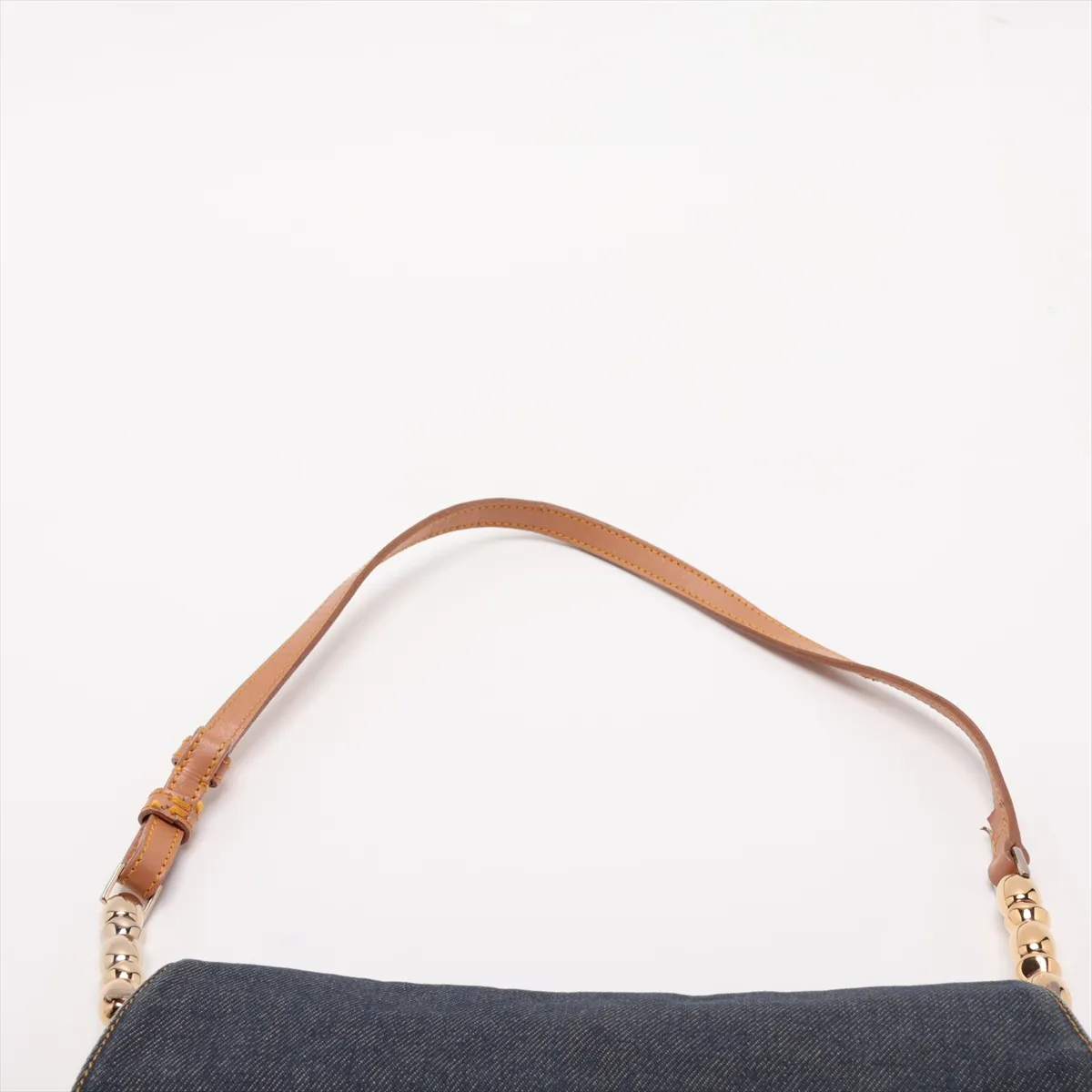 Maris Pearl Denim x Leather Shoulder Bag, Navy x Brown, Outlet — view 6