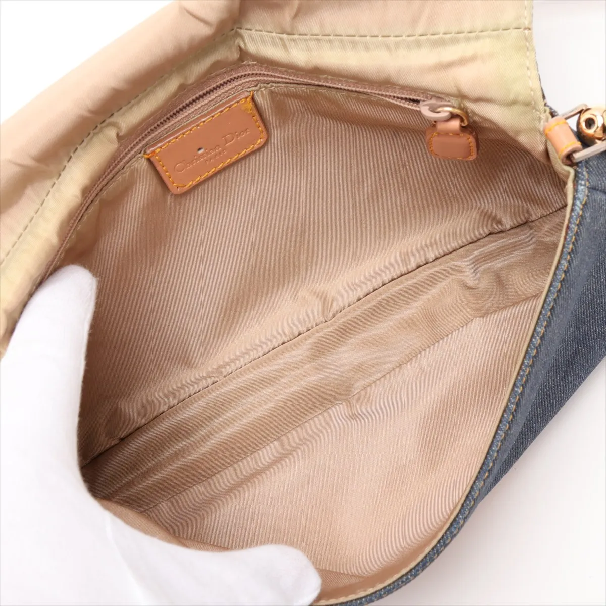 Maris Pearl Denim x Leather Shoulder Bag, Navy x Brown, Outlet — view 7