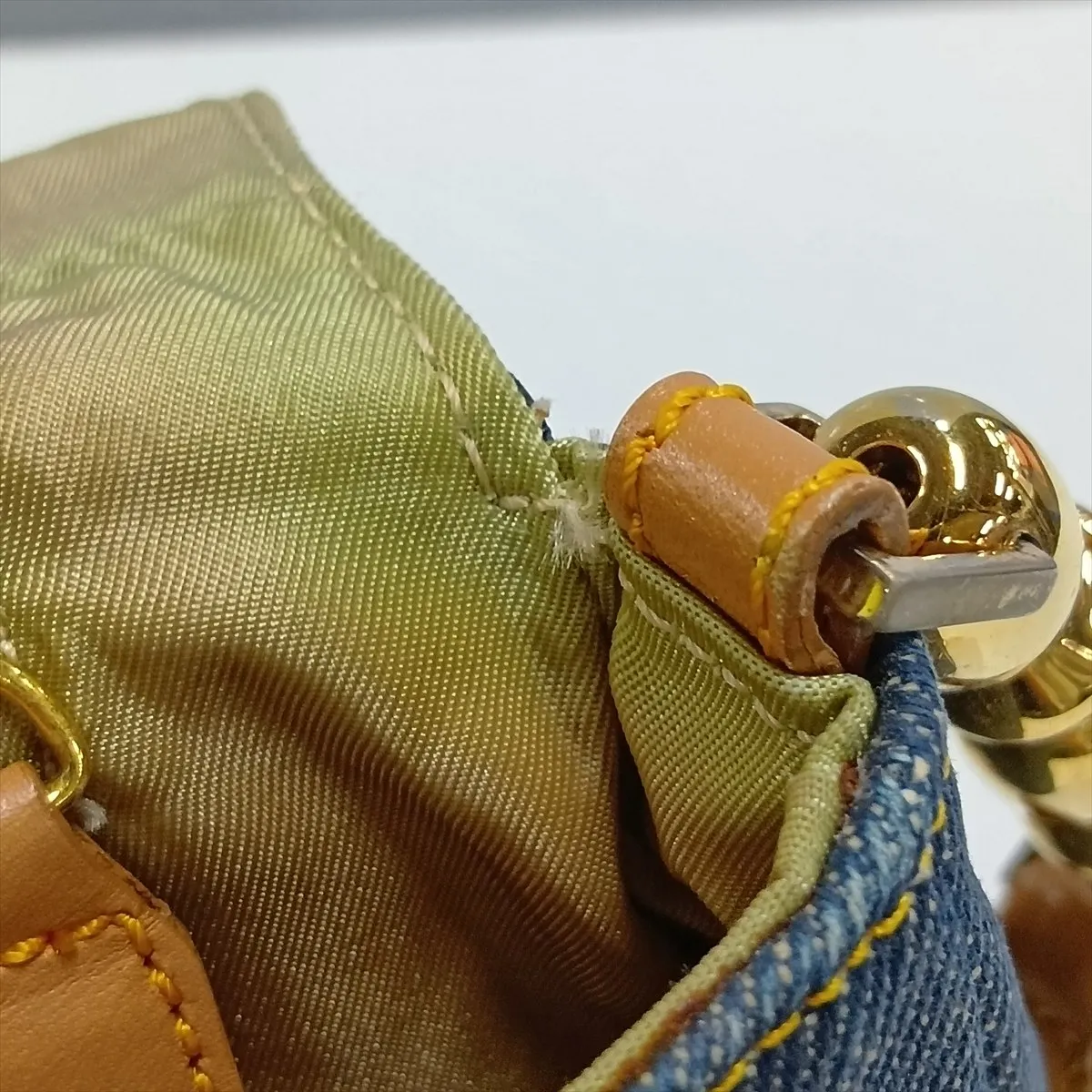 Maris Pearl Denim x Leather Shoulder Bag, Navy x Brown, Outlet — view 10