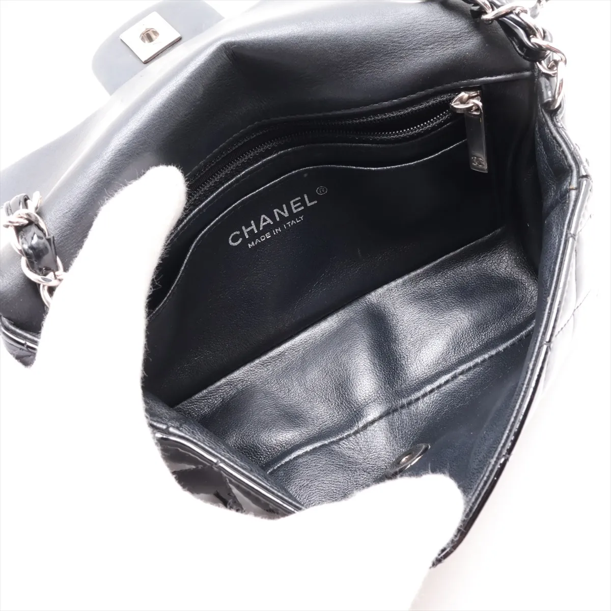 Mini Matelassé 20 Patent Leather Single Flap Single Chain Bag, Black with Silver Hardware, 17620845, Serial Number 17-series, A69900 — view 6