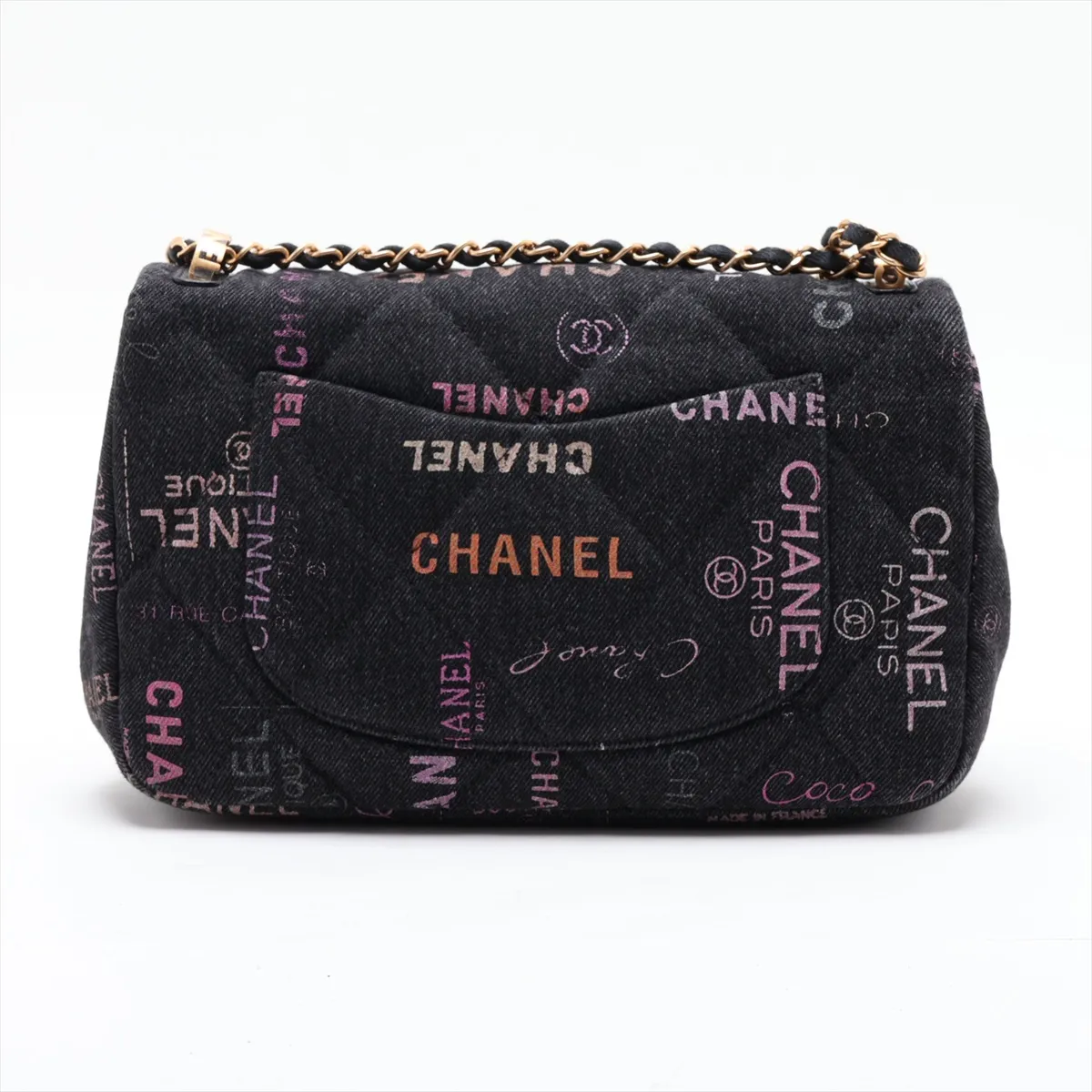 Matelassé Denim Chain Shoulder Bag, Black with Gold Hardware, H6LE1LU1, Random Plate — view 2