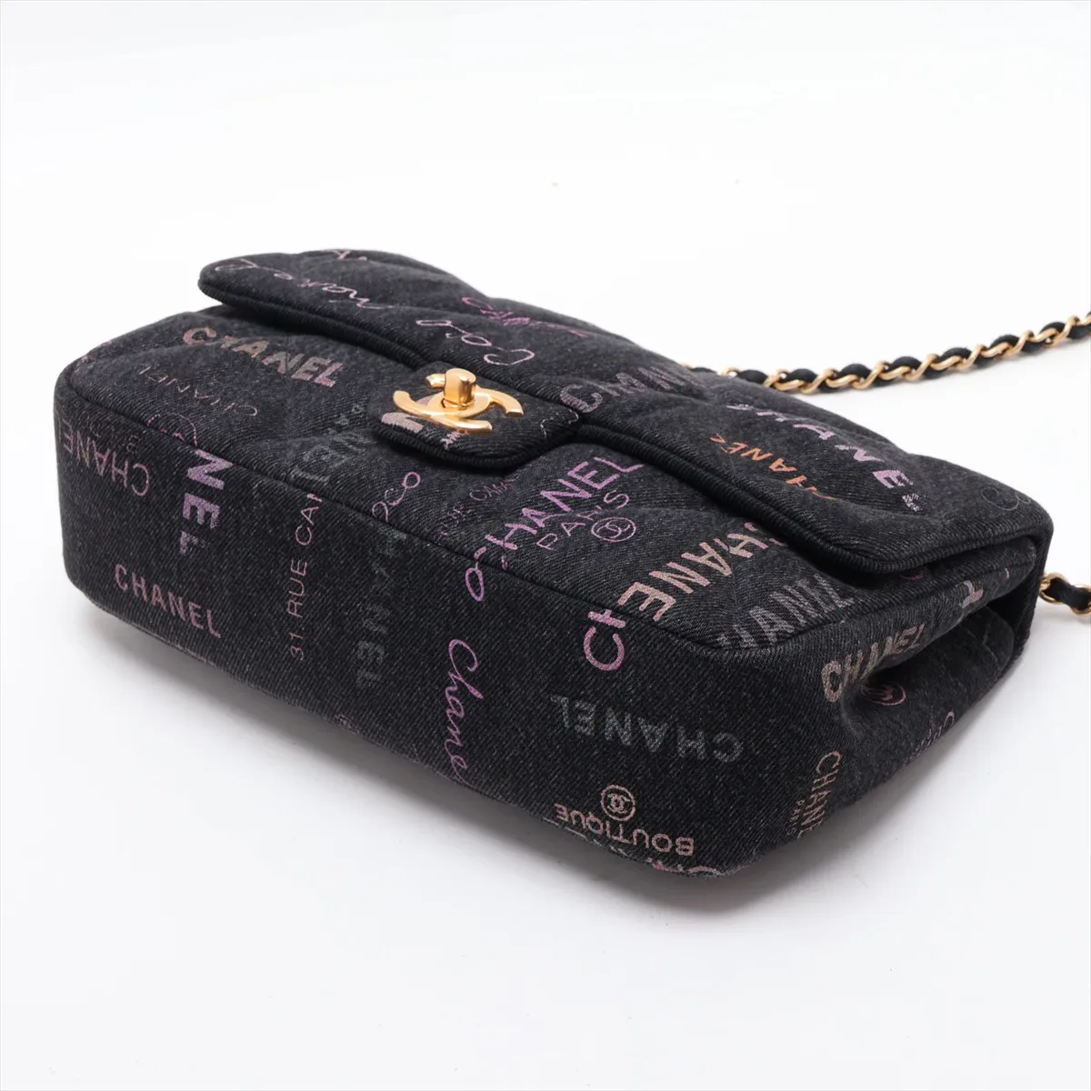 Matelassé Denim Chain Shoulder Bag, Black with Gold Hardware, H6LE1LU1, Random Plate — view 3