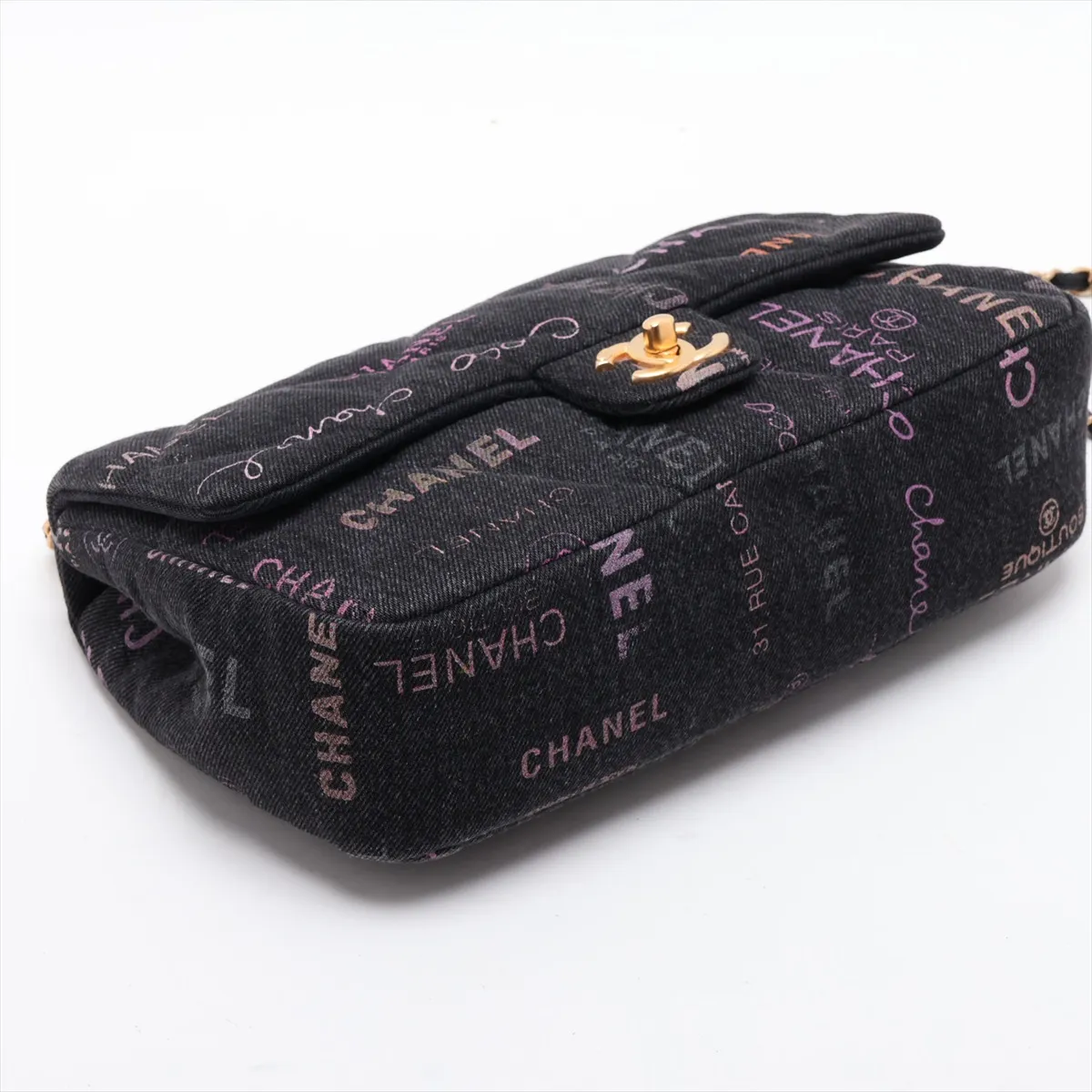 Matelassé Denim Chain Shoulder Bag, Black with Gold Hardware, H6LE1LU1, Random Plate — view 4