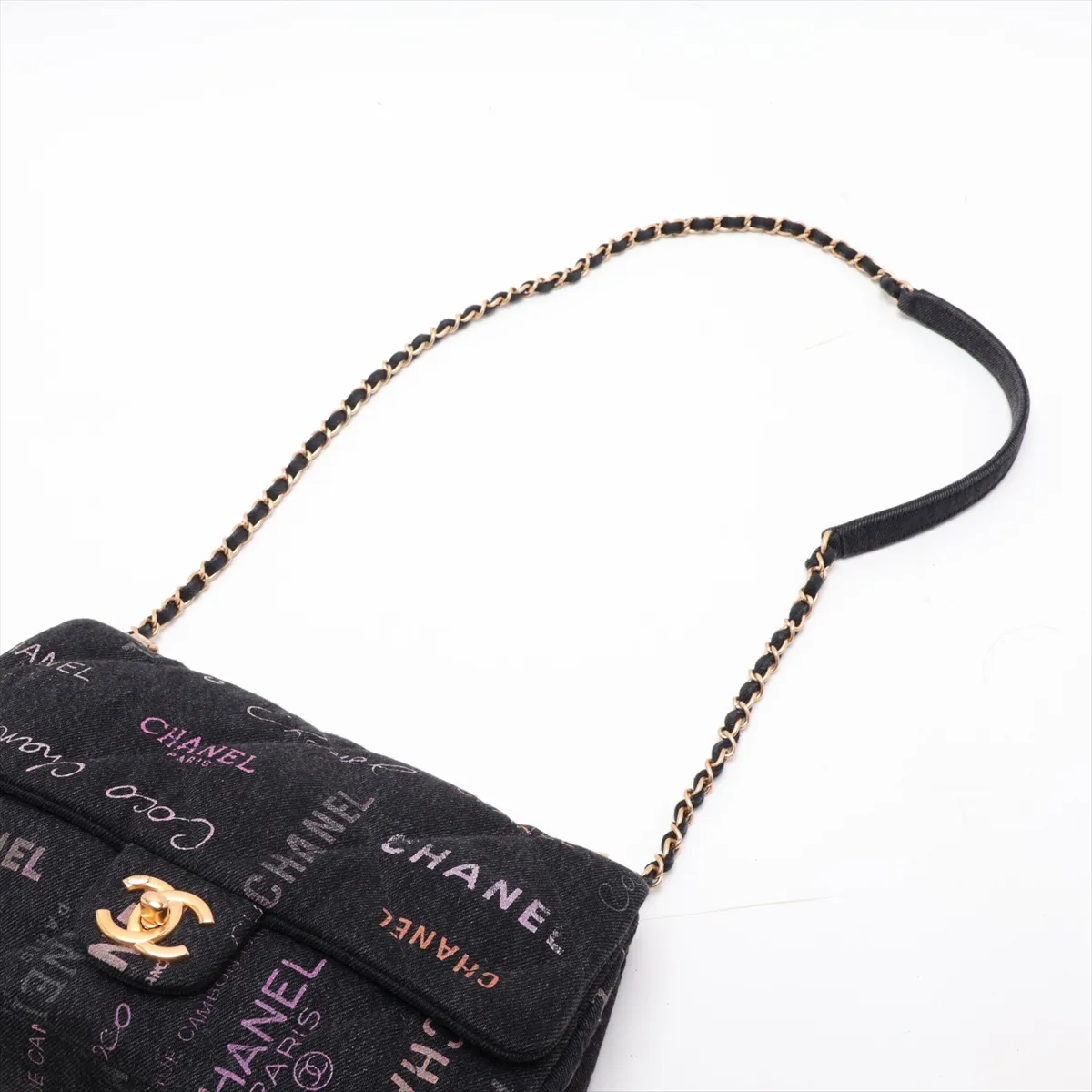 Matelassé Denim Chain Shoulder Bag, Black with Gold Hardware, H6LE1LU1, Random Plate — view 5