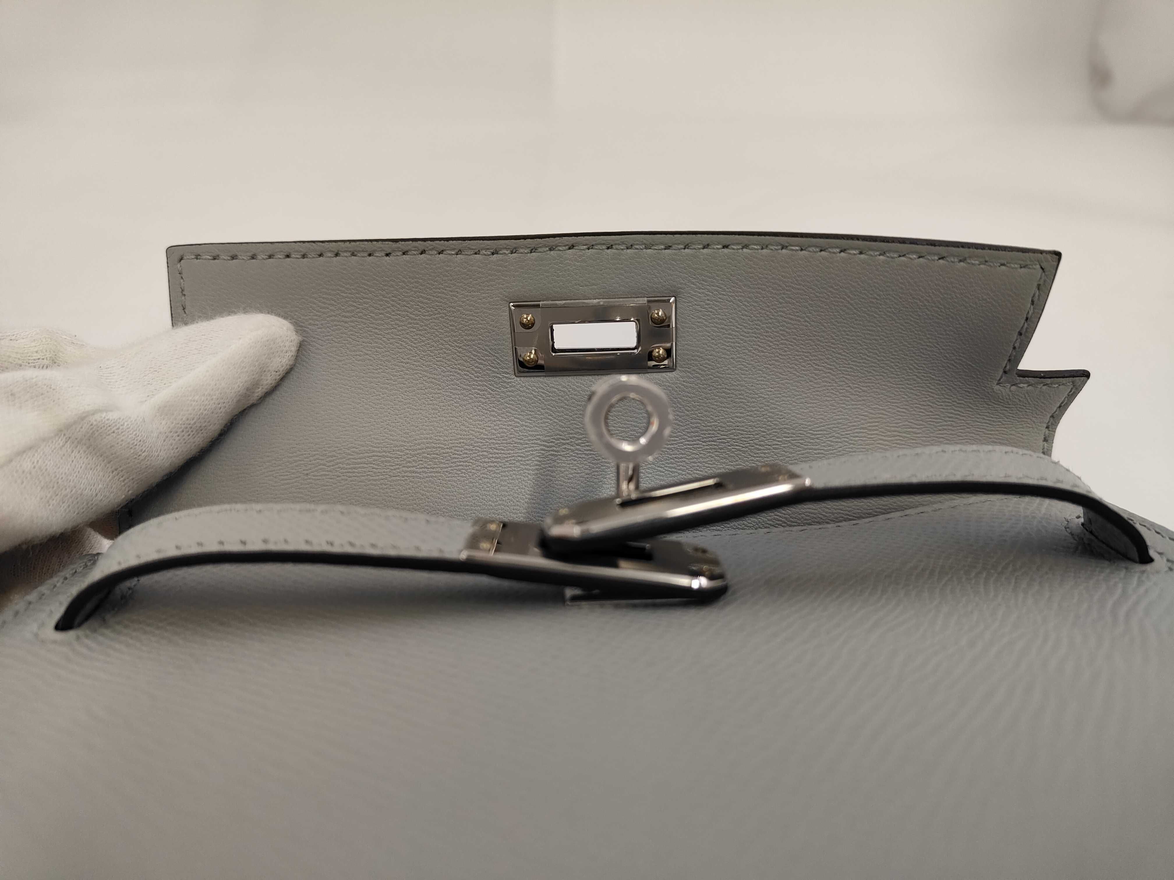 Mini Kelly handbag with bandouliere strap, Epsom leather, blue glacier leather, silver hardware, G stamp. — view 8