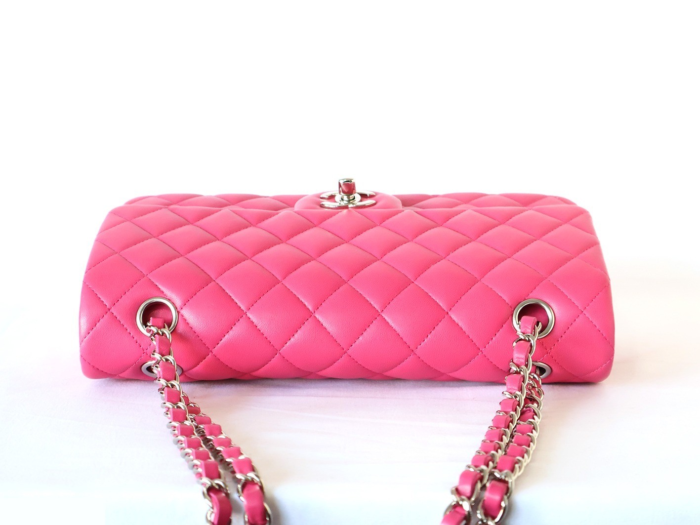 Matelassé 25 Lambskin Double Flap Double Chain Shoulder Bag, Pink — view 8